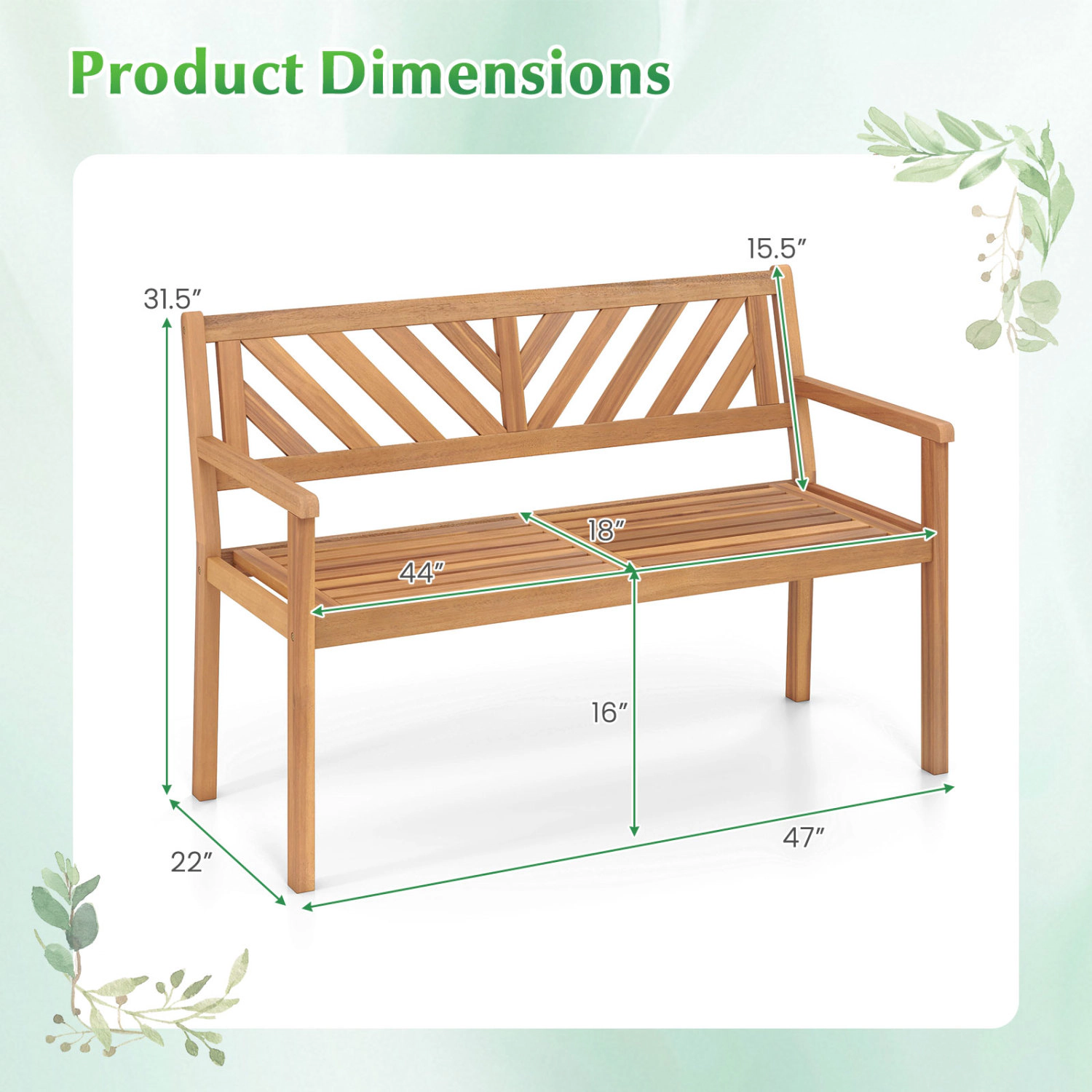 LJG 2-Person Patio Acacia Wood Garden Chair with Armrests and Backrest for Porch