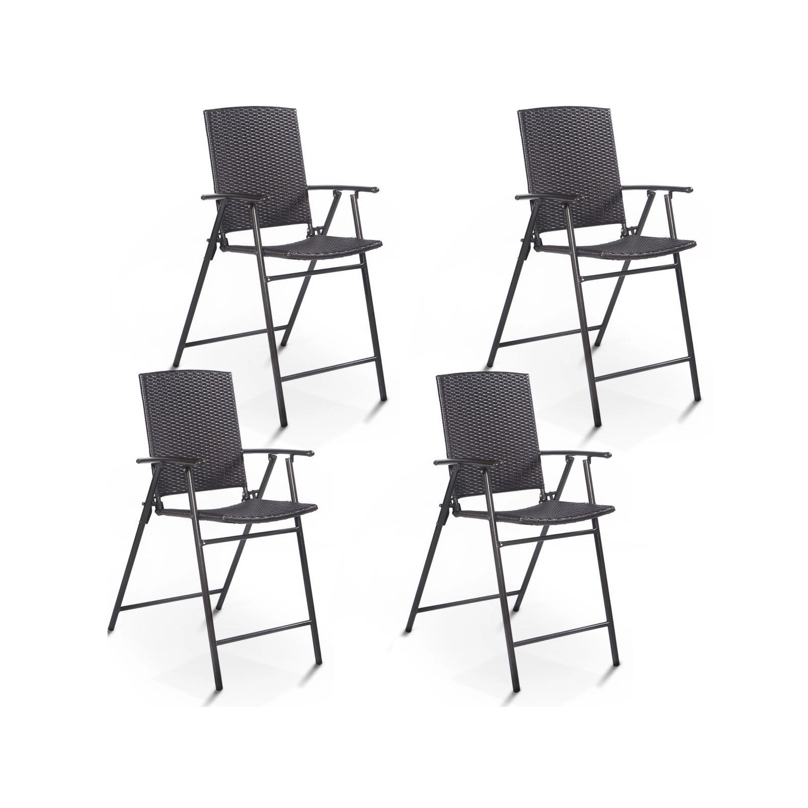 SUGIFT Set of 4 Folding Rattan Bar Chair Set with Footrests and Armrests 24-in Seat Height Brown