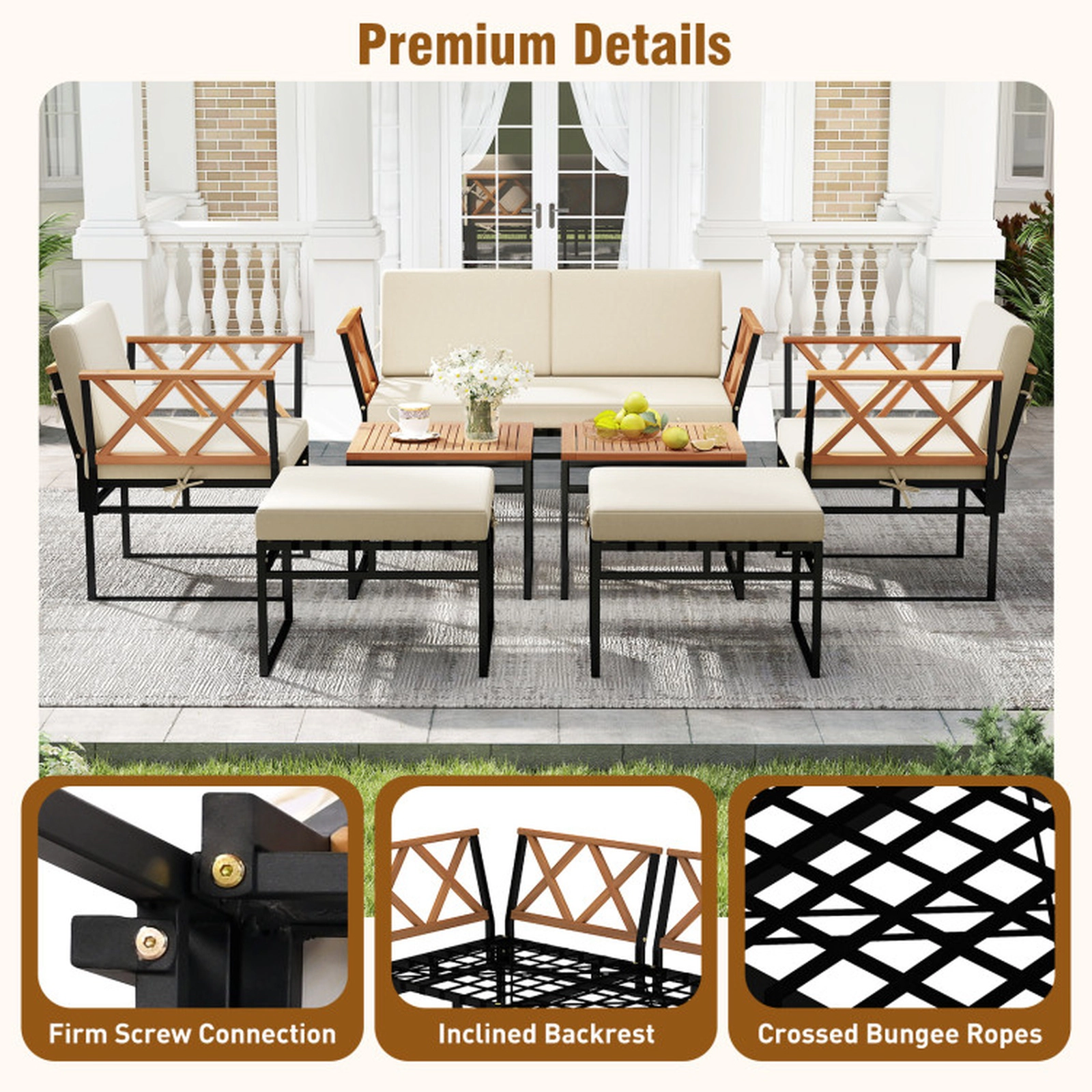 SUGIFT 7-Piece Beige Outdoor Patio Conversation Set with Loveseat, Armchairs, Ottomans and Acacia Wood Tables