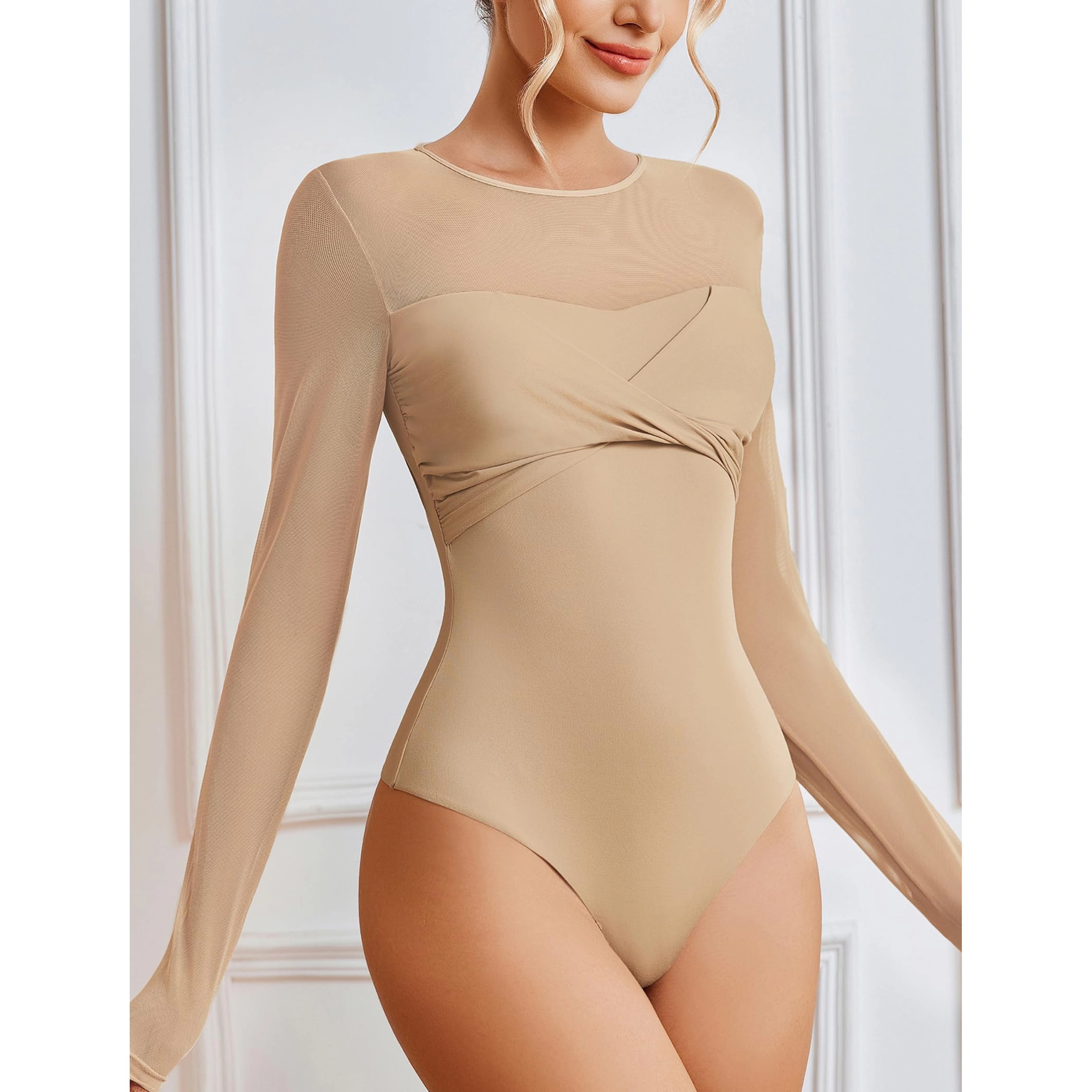 Avidlove Women's Sheer Long Sleeve Crew Neck Ruched Bodysuit