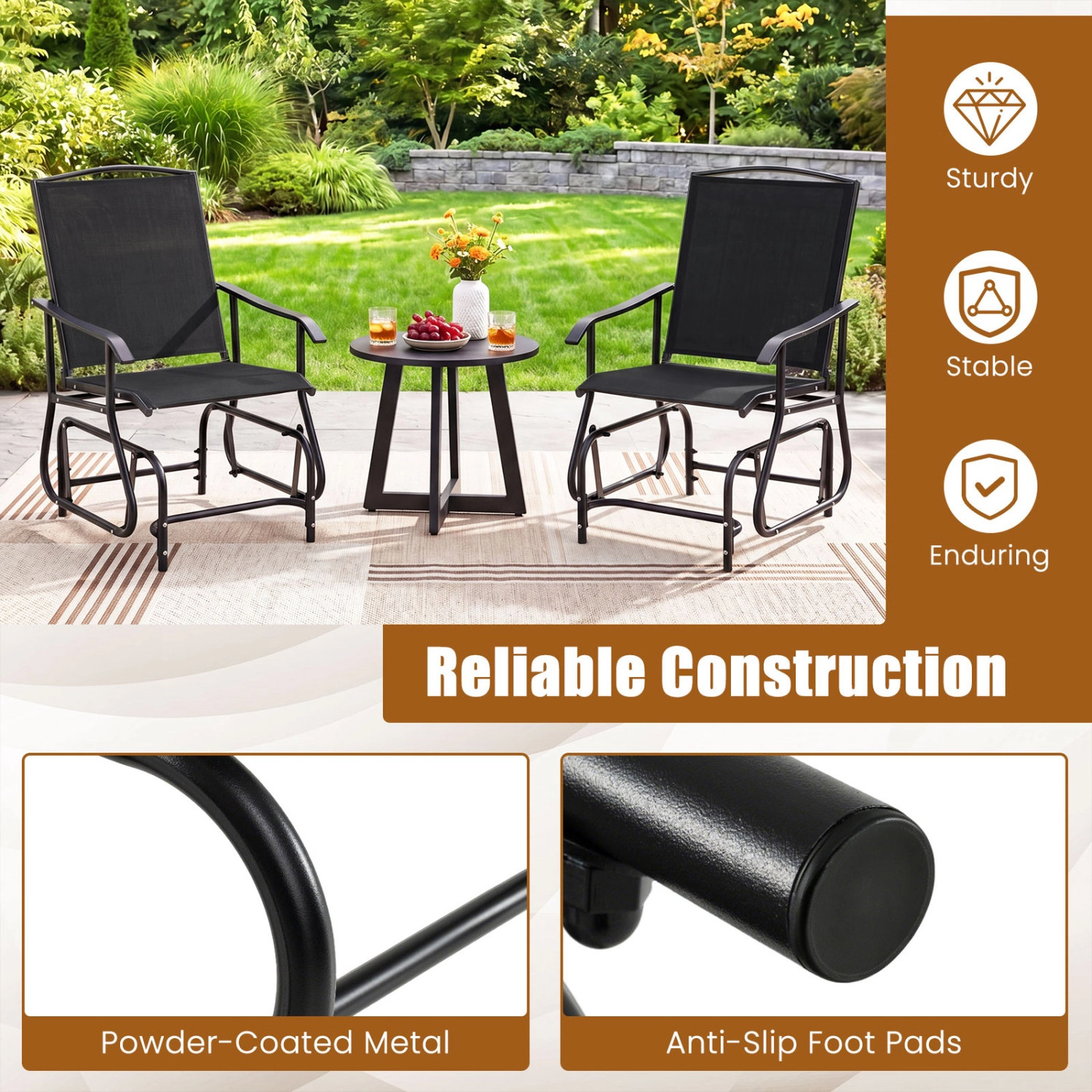 SUGIFT Metal Frame Inclined Backrest and Armrests Outdoor Glider Chair