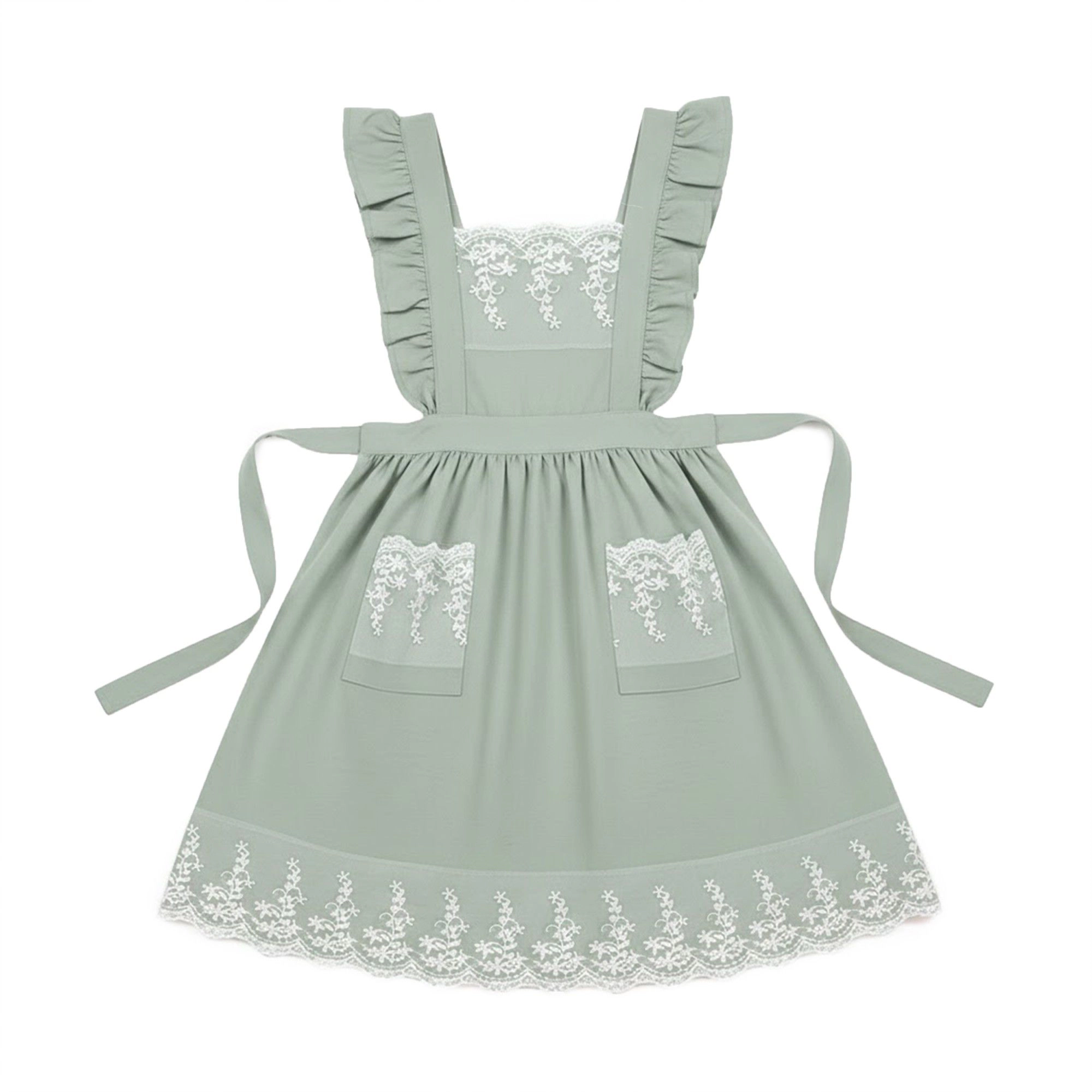 Alilang Unisex Lace Trim Ruffle Kitchen Apron with Embroidered Bib Detail Dual Front Pockets and Adjustable Waist Ties