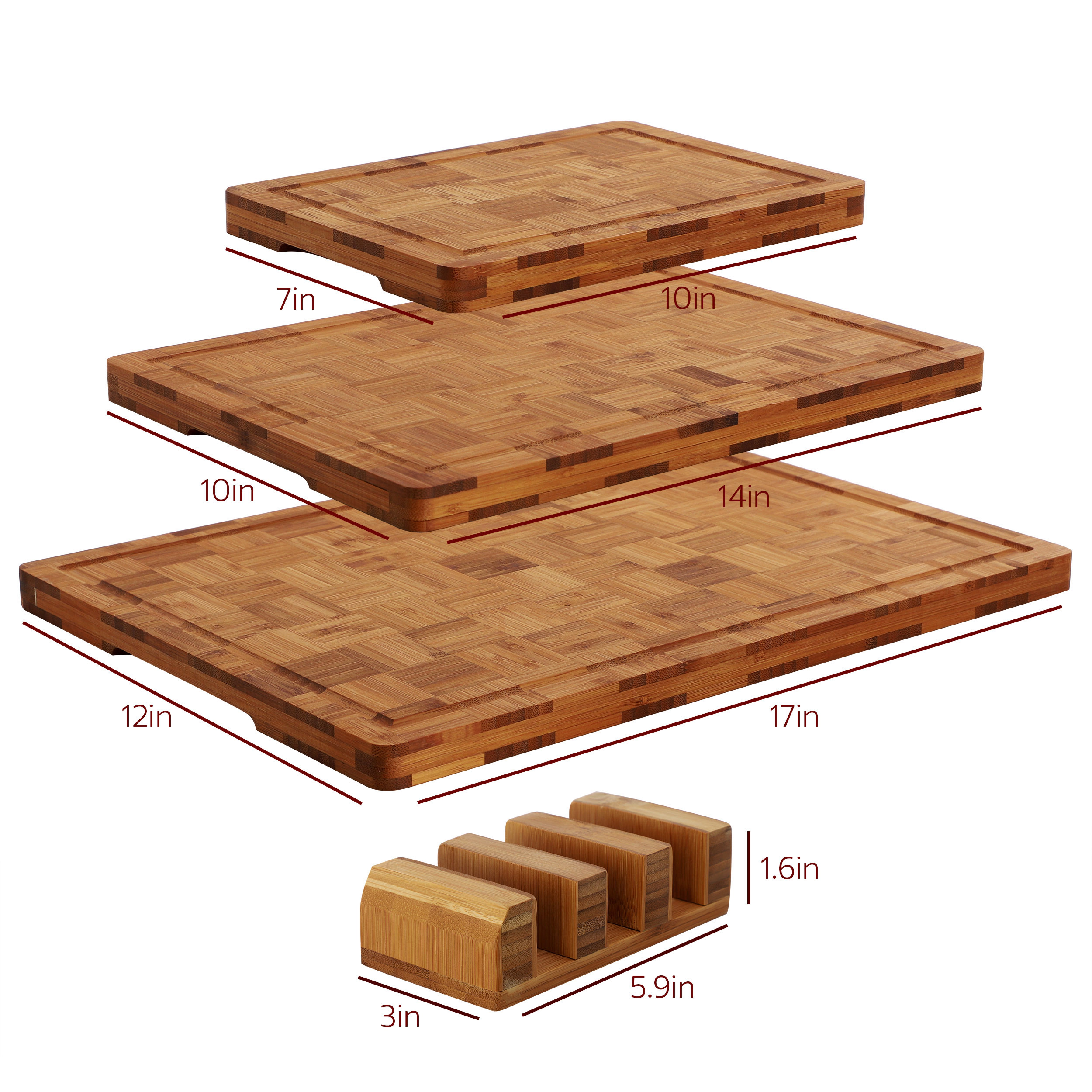 MegaChef 3 Piece Bamboo Checkered Pattern Cutting Board Set with Storage Holder