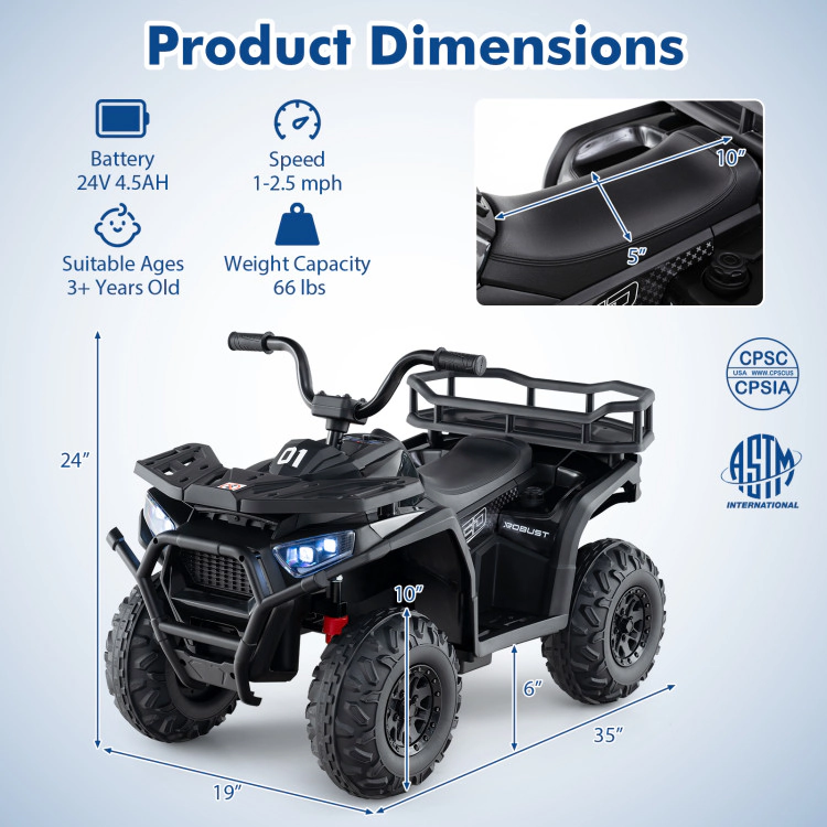 Hivvago 24V Kids Ride on Electric ATV Quad Car with Realistic Sounds and  LED Lights