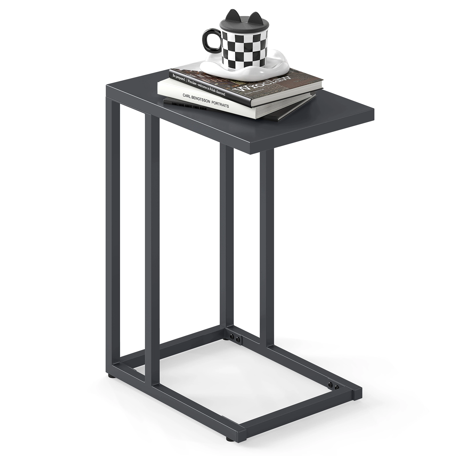 Glintex All-Metal C-Shaped Side Table with Reinforced Crossbars and Adjustable Pads, Dark Gray