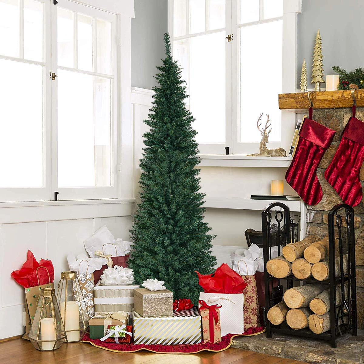 Glintex 7-Ft Slim Pencil Christmas Tree with 700 Tips and Sturdy Iron Base, Green