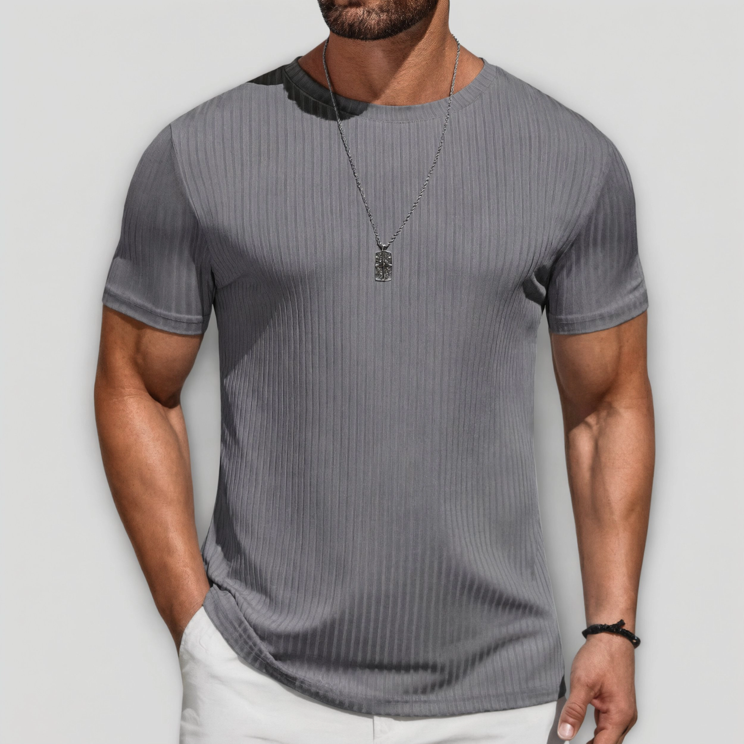 COOFANDY Mens Ribbed Short Sleeve T-Shirt Crew Neck Slim Fit Curved Hem Casual Tee