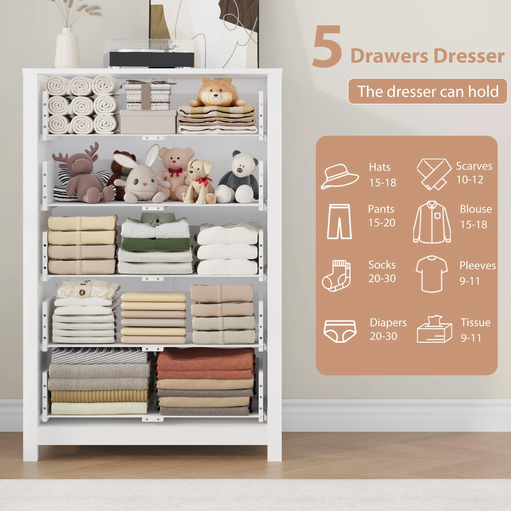 5 Drawer Dresser for Bedroom, Modern Wood Storage Chest with Deep Drawers