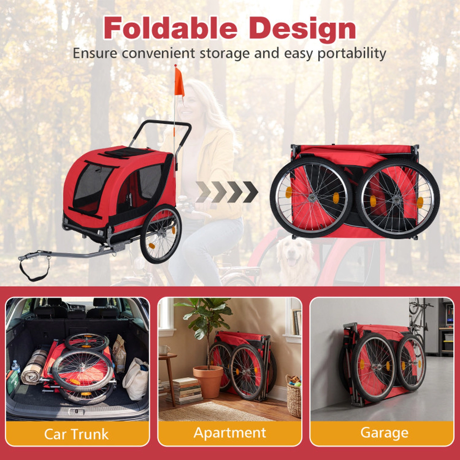 SUGIFT Red 2-in-1 176-lb Capacity Folding Dog Bike Trailer and Pet Stroller with Universal Bicycle Coupler