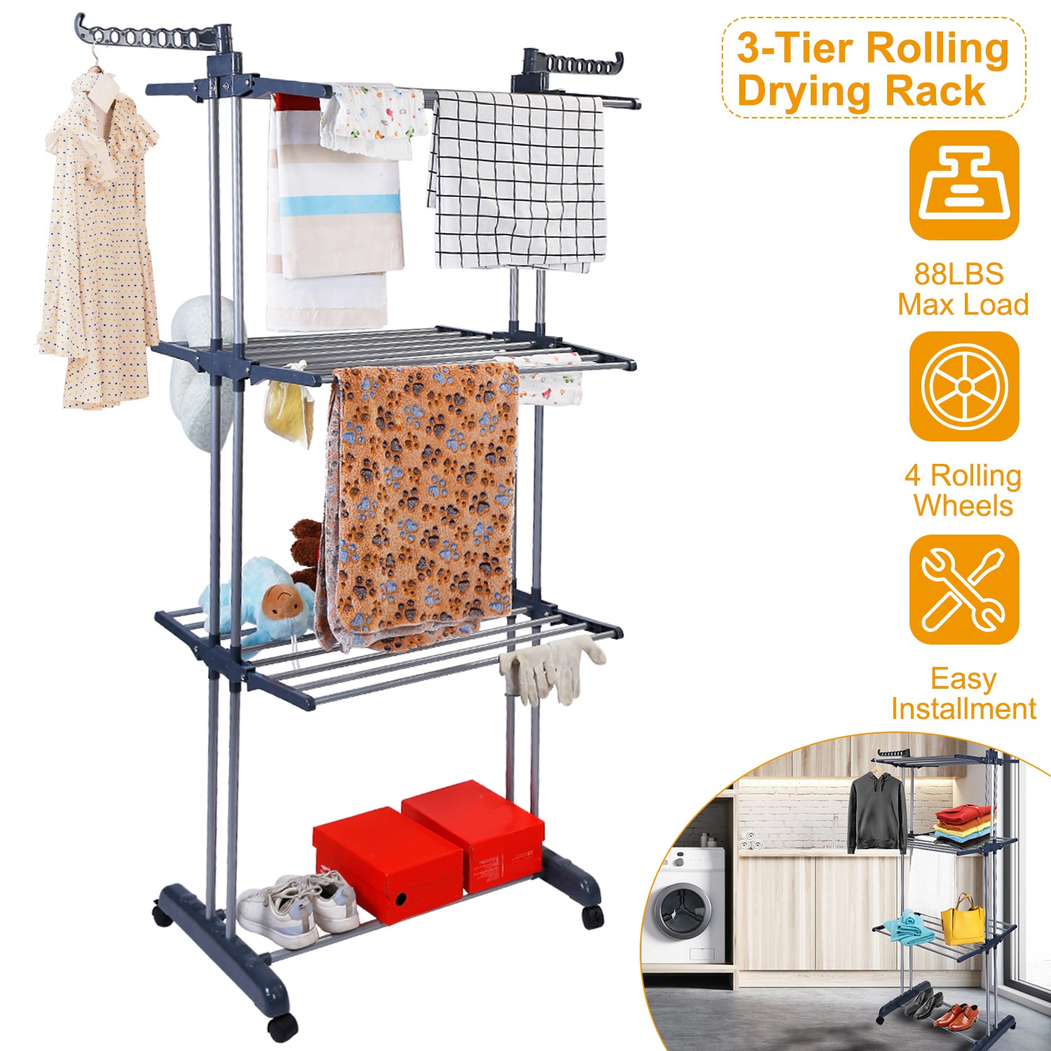 GBruno Clothes Drying Rack Rolling Collapsible Laundry Dryer Hanger Stand Rail Shelve
Wardrobe Clothing Drying