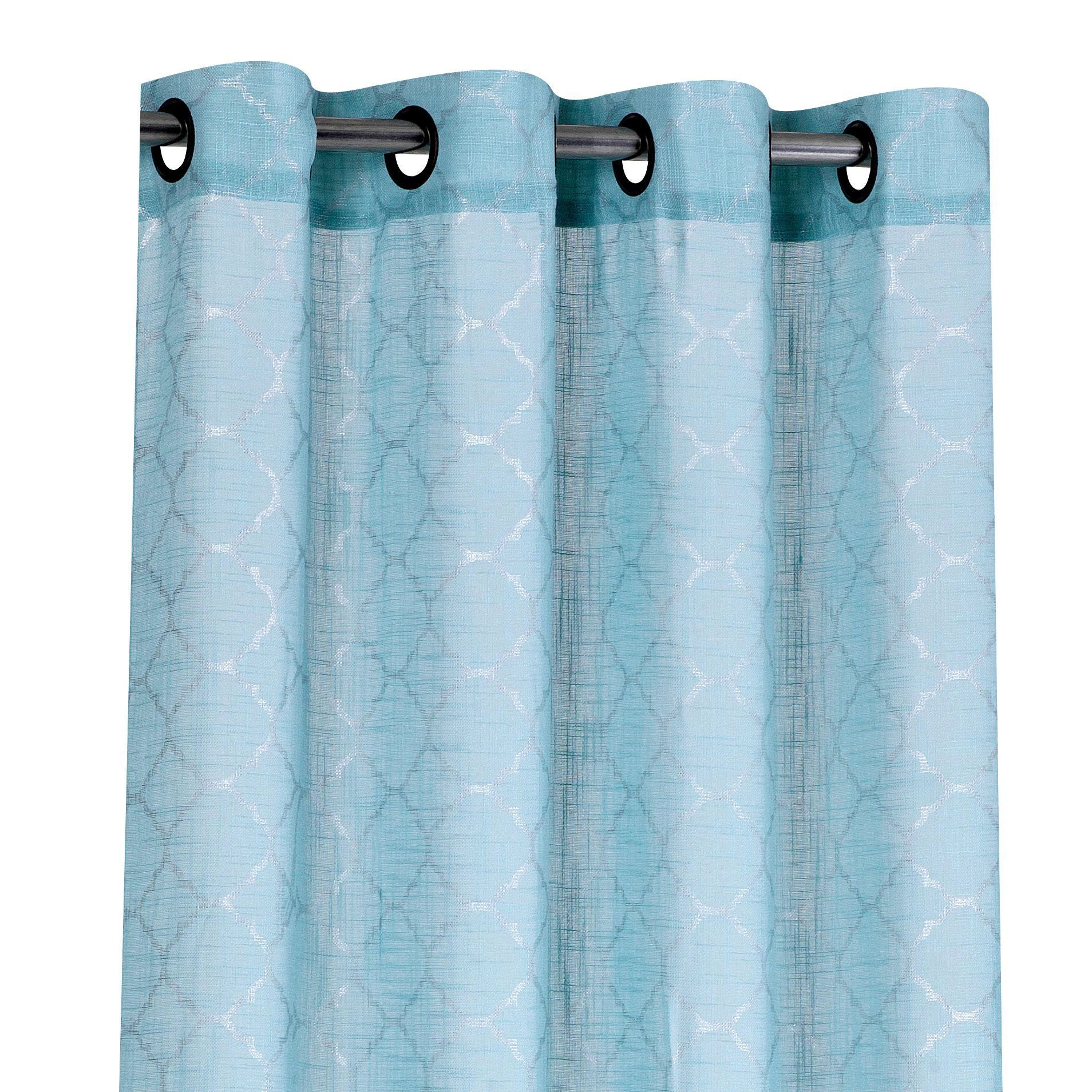 Kate Aurora 2 Piece Silver Sparkly Semi Sheer Trellis Quatrefoil Grommet Top Window Curtain Panels - 84 in. Long