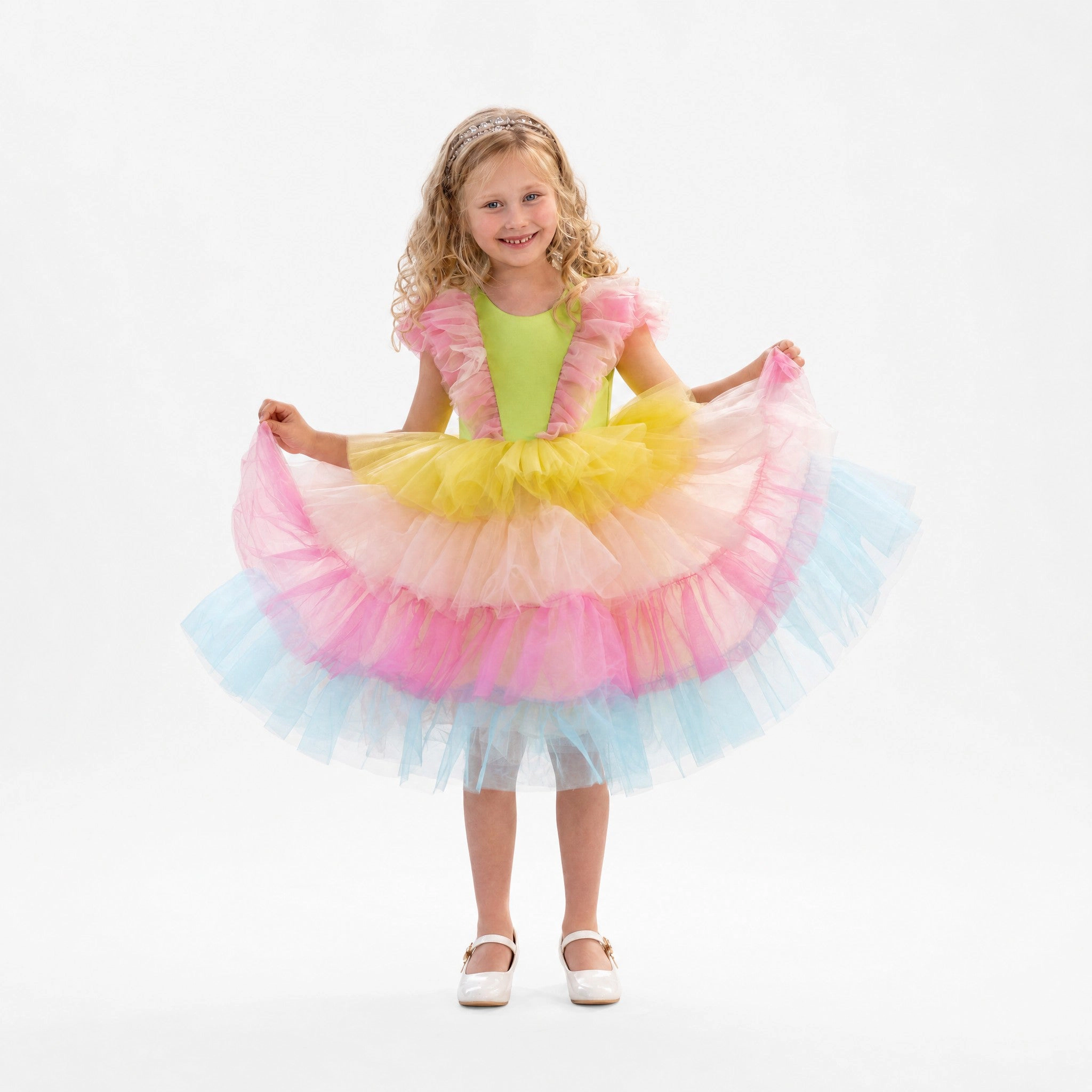 Faeella Girls Neon Glow Pastel Rainbow Tulle Birthday Dress
