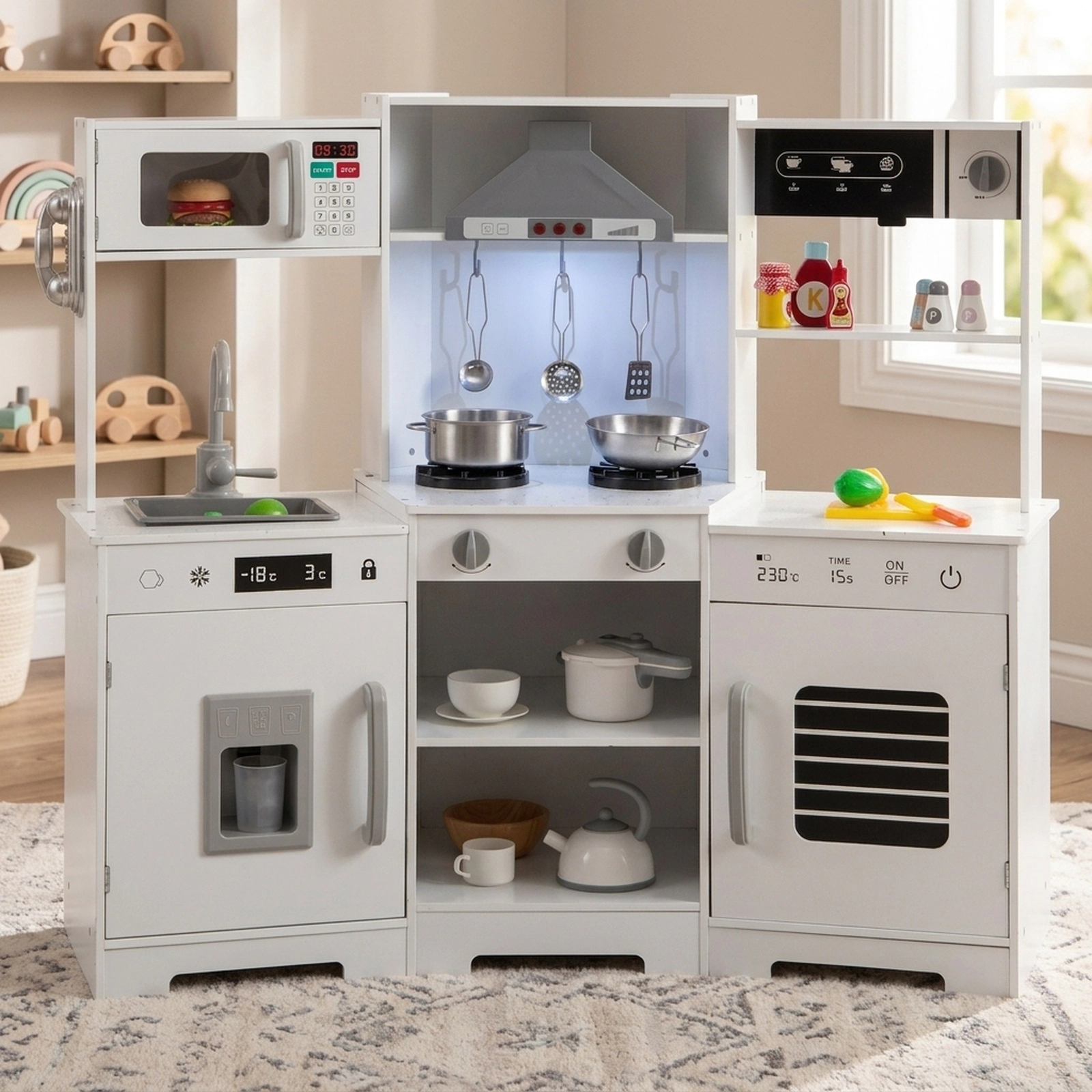 Pretend Play Kitchen Wooden Toy Set LED Range Hood Refrigerator Coffee Maker 17-in Counter 44-in x 17-in x 36.5-in White