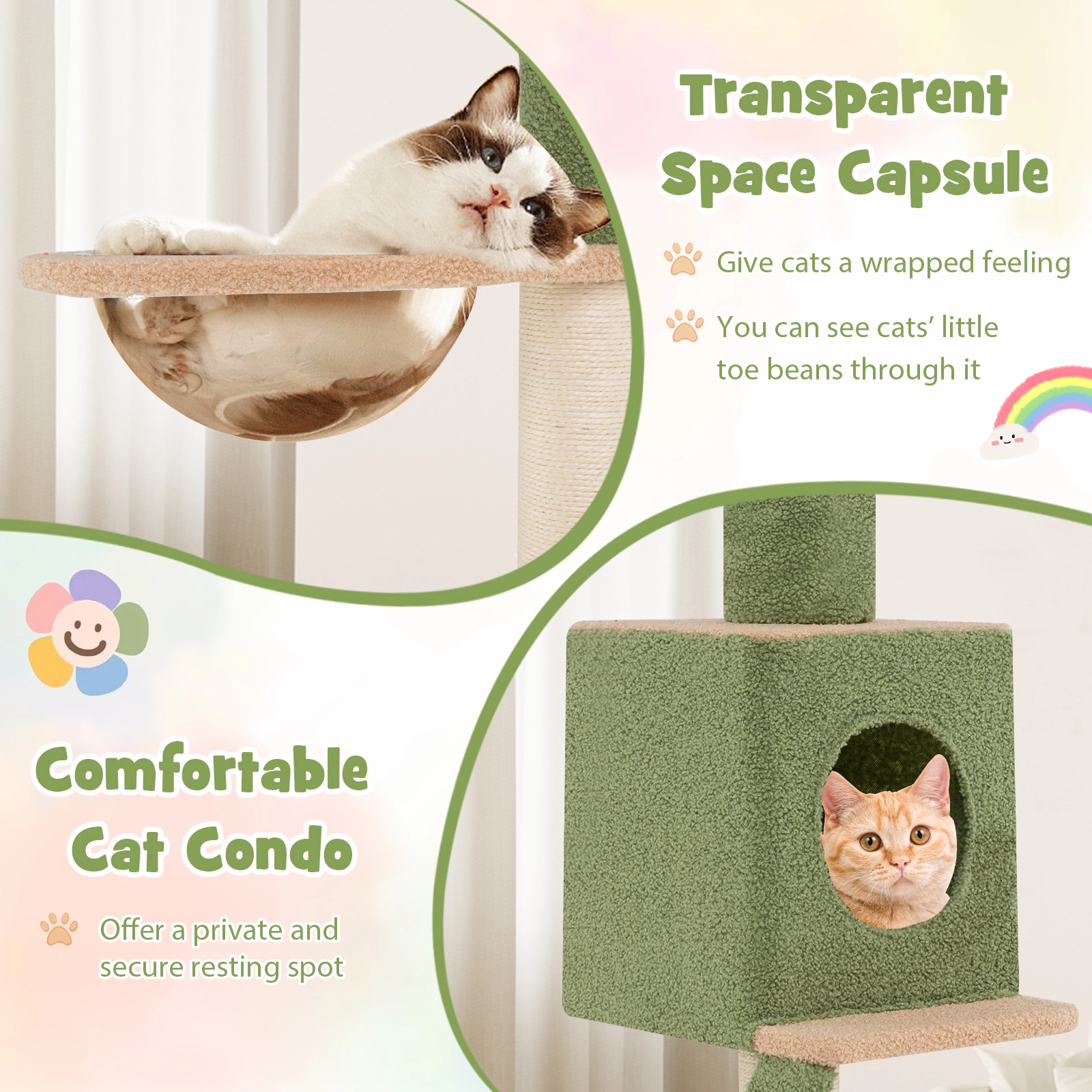SUGIFT Floor to Ceiling Cat Tree Green Adjustable 86-99.5 in with Space Capsule and Condo