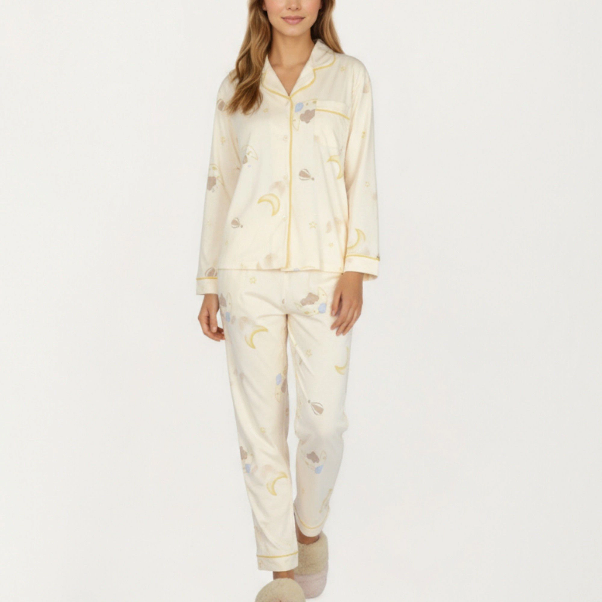 Anna-Kaci Women's 2-Piece Long Sleeve Button Front Top and Relaxed Fit Pants Pajama Set with Moon Star Print