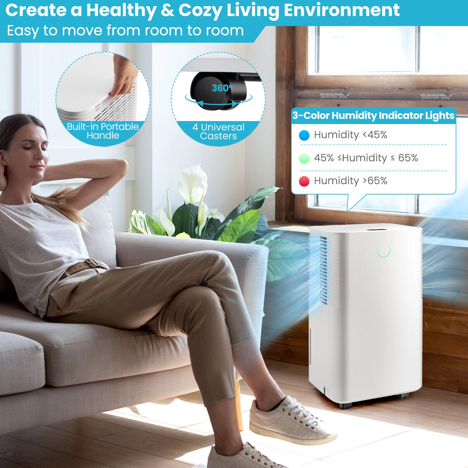 SlickBlue Portable 32 Pint Dehumidifier with 3 Modes, 24 Hour Timer and Wheels
