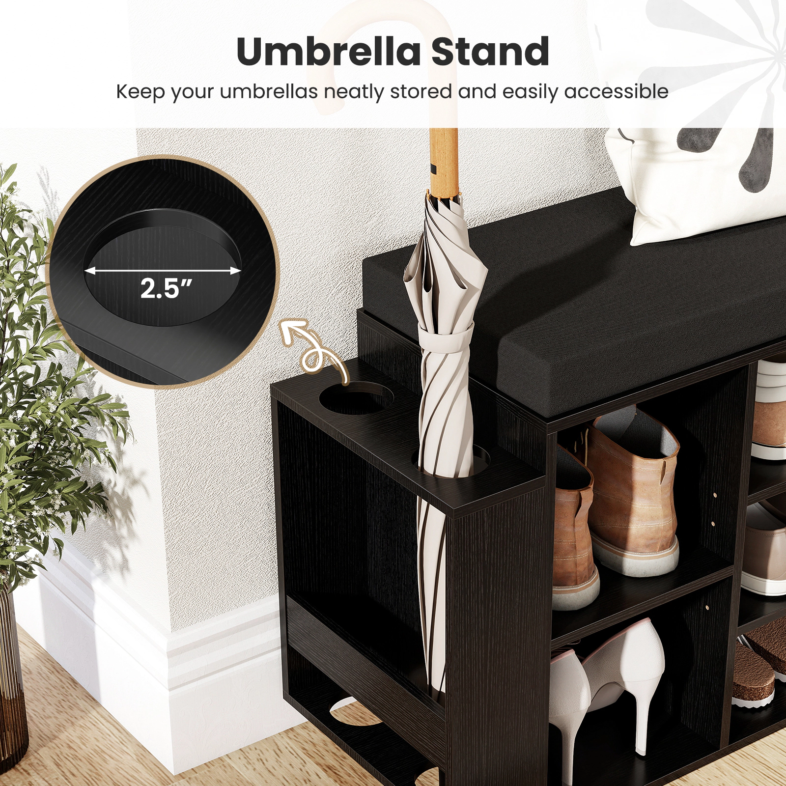 SUGIFT 10-Cubby 43.5-in Shoe Storage Bench with Umbrella Stand and Padded Seat for Entryway Organizer