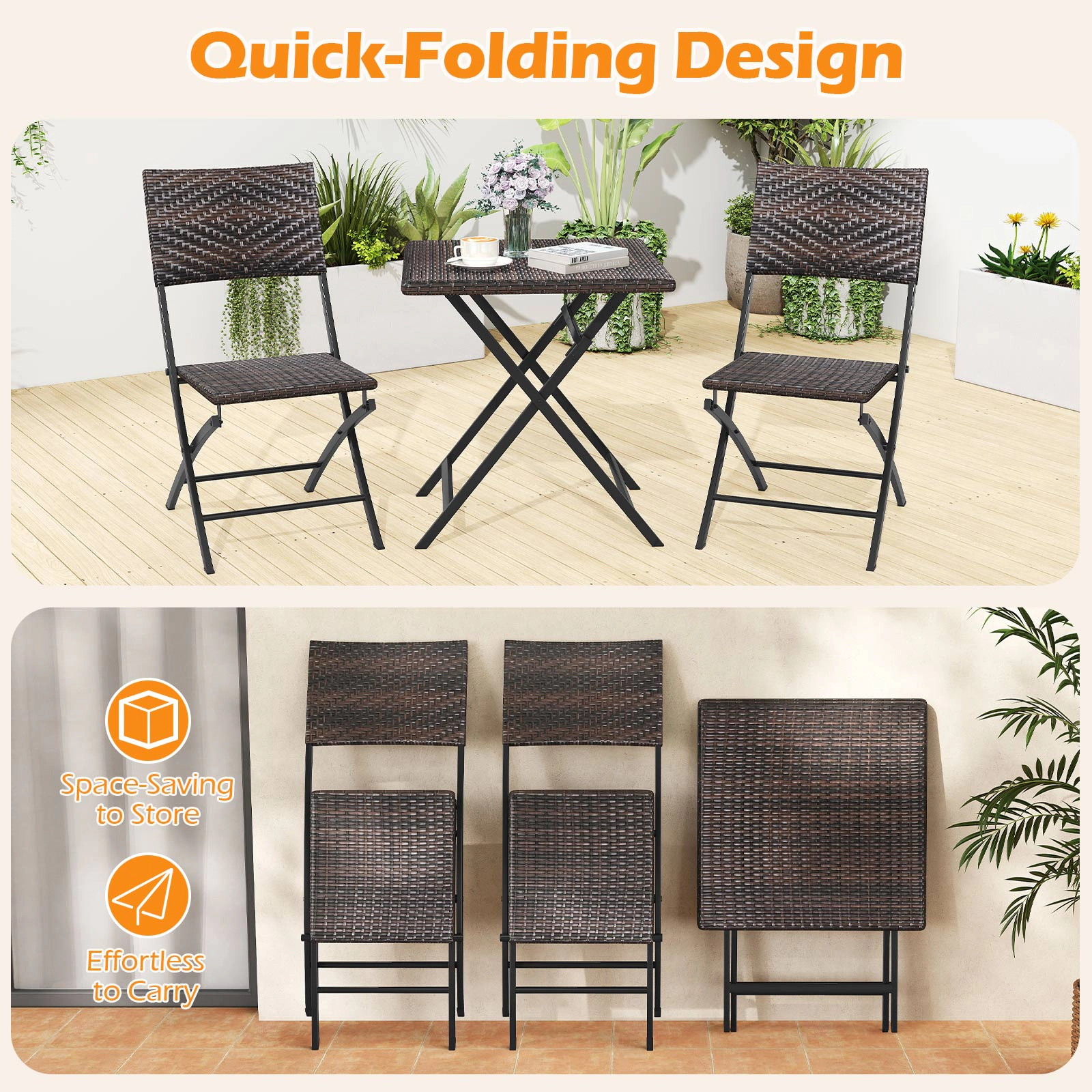 SUGIFT 3-Piece Mix Brown Folding Rattan Bistro Set, 24-Inch Square Table