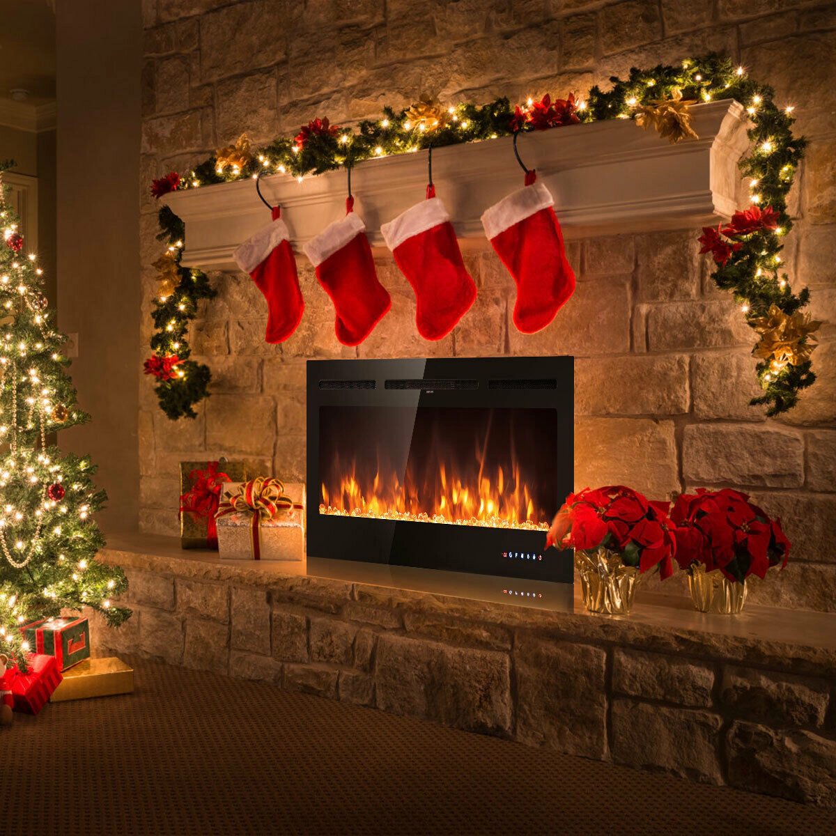 LJG 50 Inch Recessed Electric Insert Wall Mounted Fireplace with Adjustable Brightness