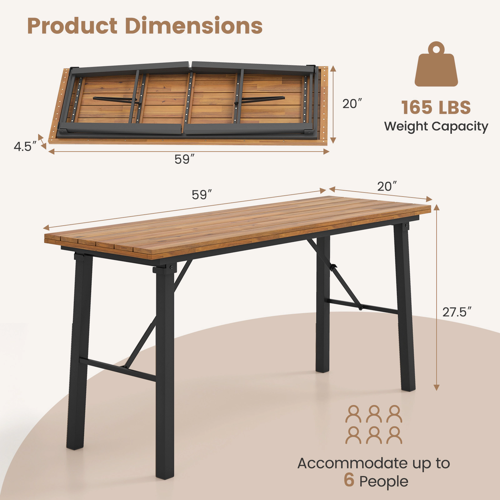 SUGIFT Outdoor Folding Dining Table and Bench Set with Acacia Wood Top 59-in Table 165-lb Capacity 55-in Benches Natural