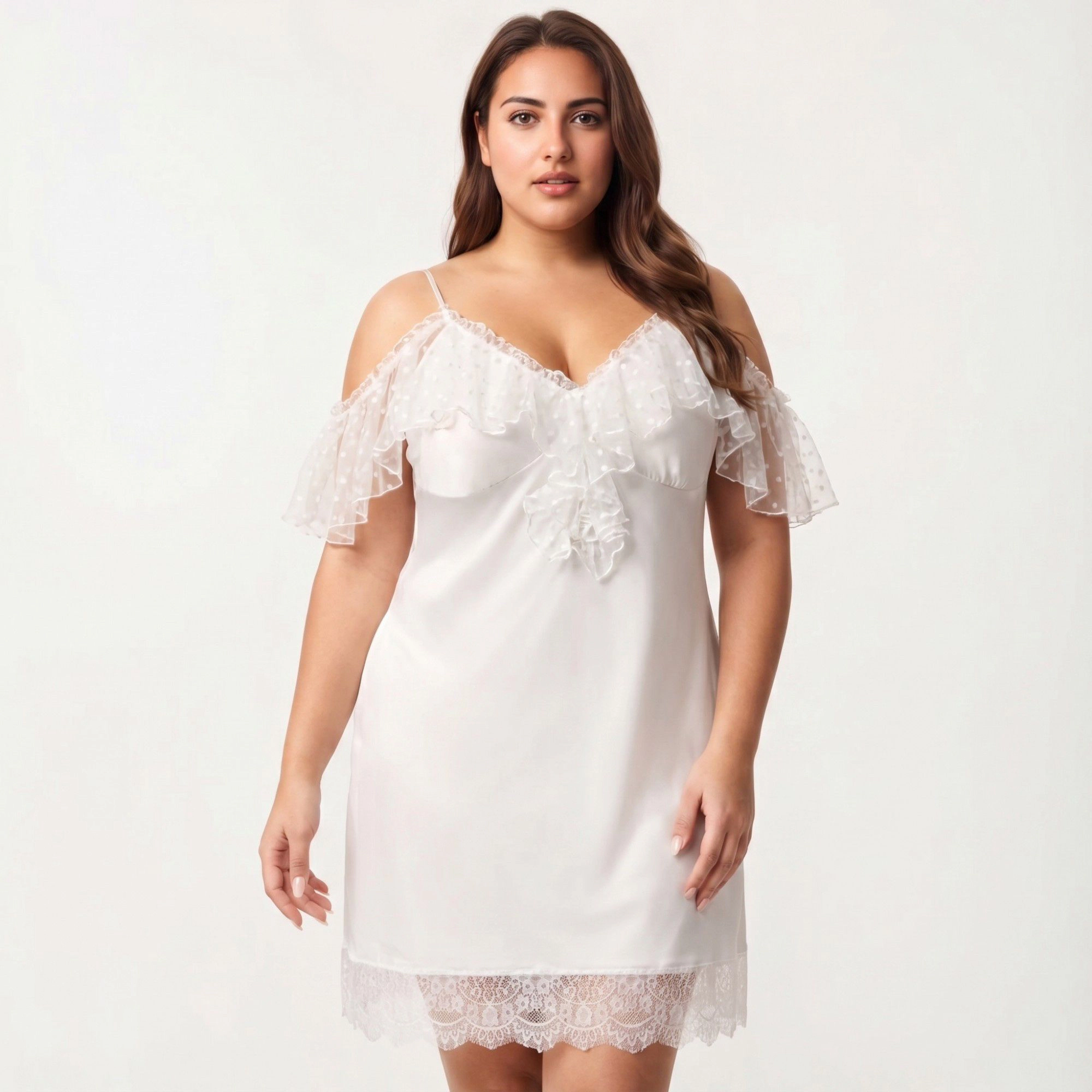 Anna-Kaci Women's Plus Chiffon Chemise Ruffle Sleeve Lace Trim Nightgown Adjustable Strap Sleep Dress