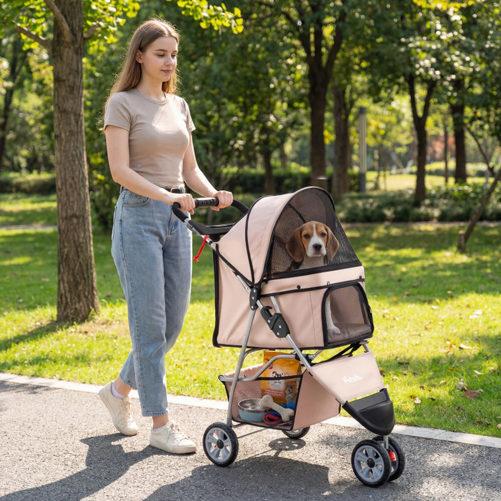 SUGIFT 3-Wheel Folding Pet Stroller for Small Dogs and Cats 33-lb Capacity Black/Beige