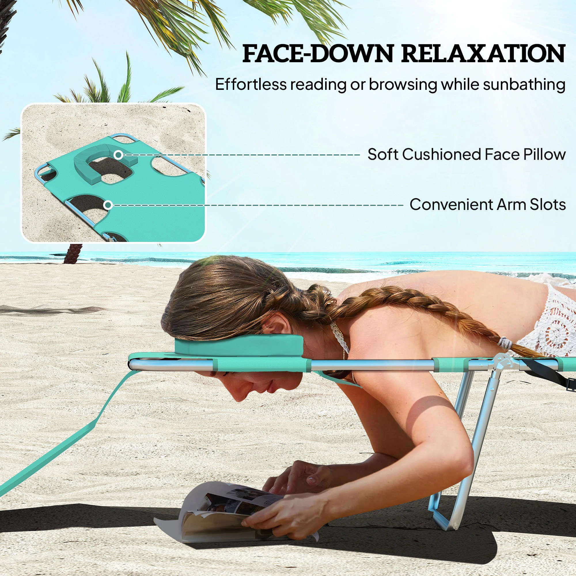 HONGGE Tanning Chair with Face Hole, 5-Level Adjustable Outdoor Chaise Lounge Chair with Pillow for Beach, Pool