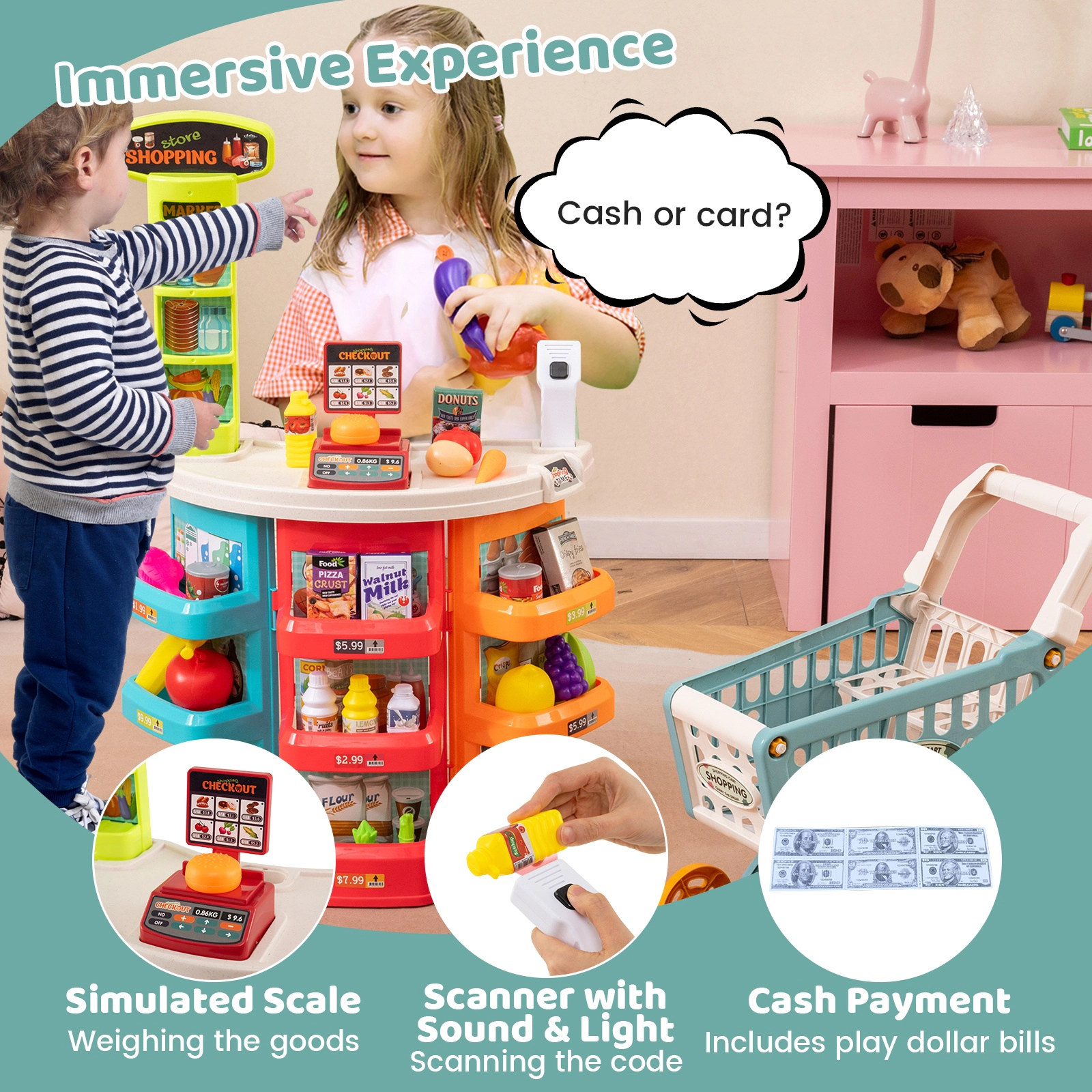 SUGIFT Blue Shopping Cart 76-Piece Kids Supermarket Playset Pretend Grocery Store