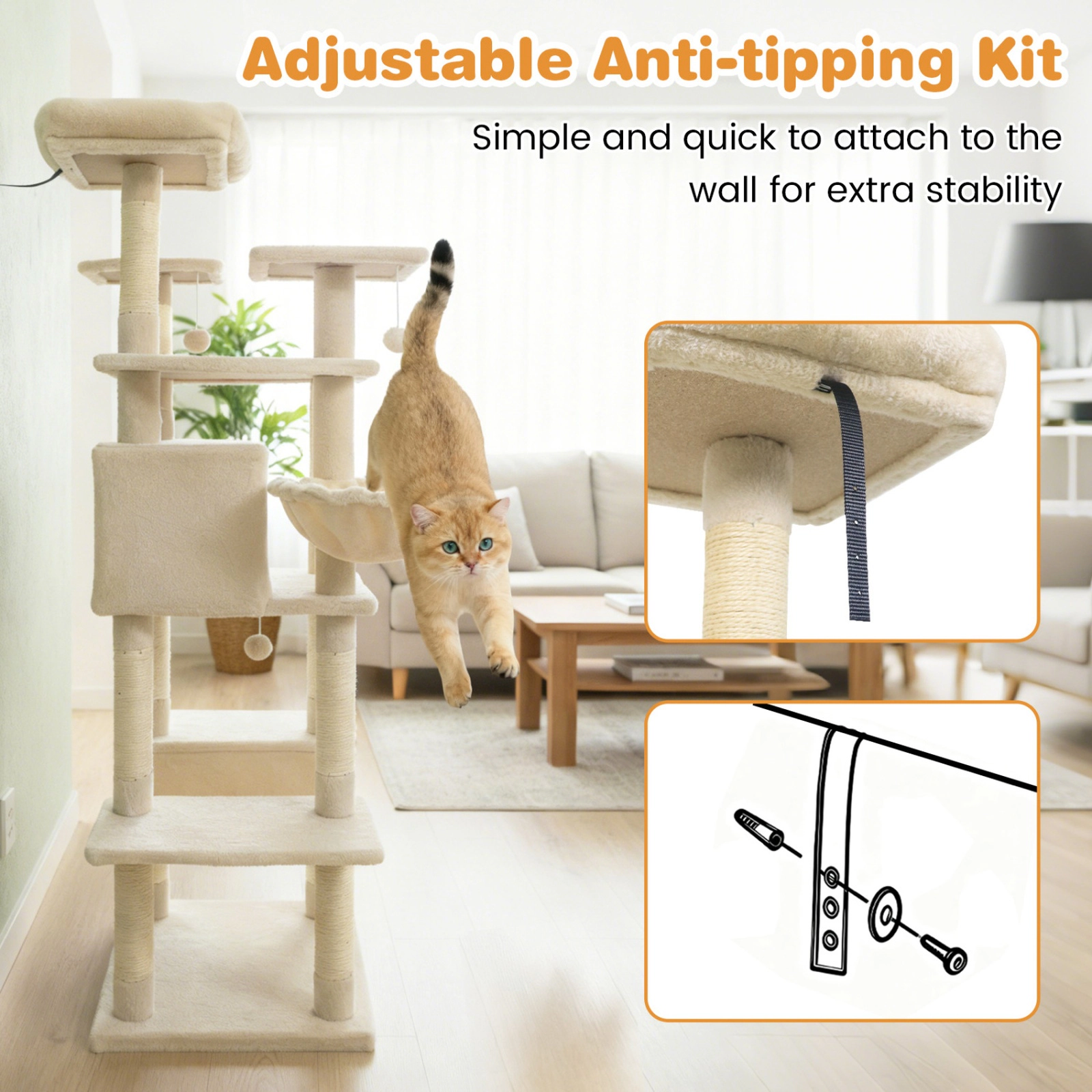 SUGIFT Beige 63 in Large Cat Tower with Thick Padded Perch and Spacious Condo