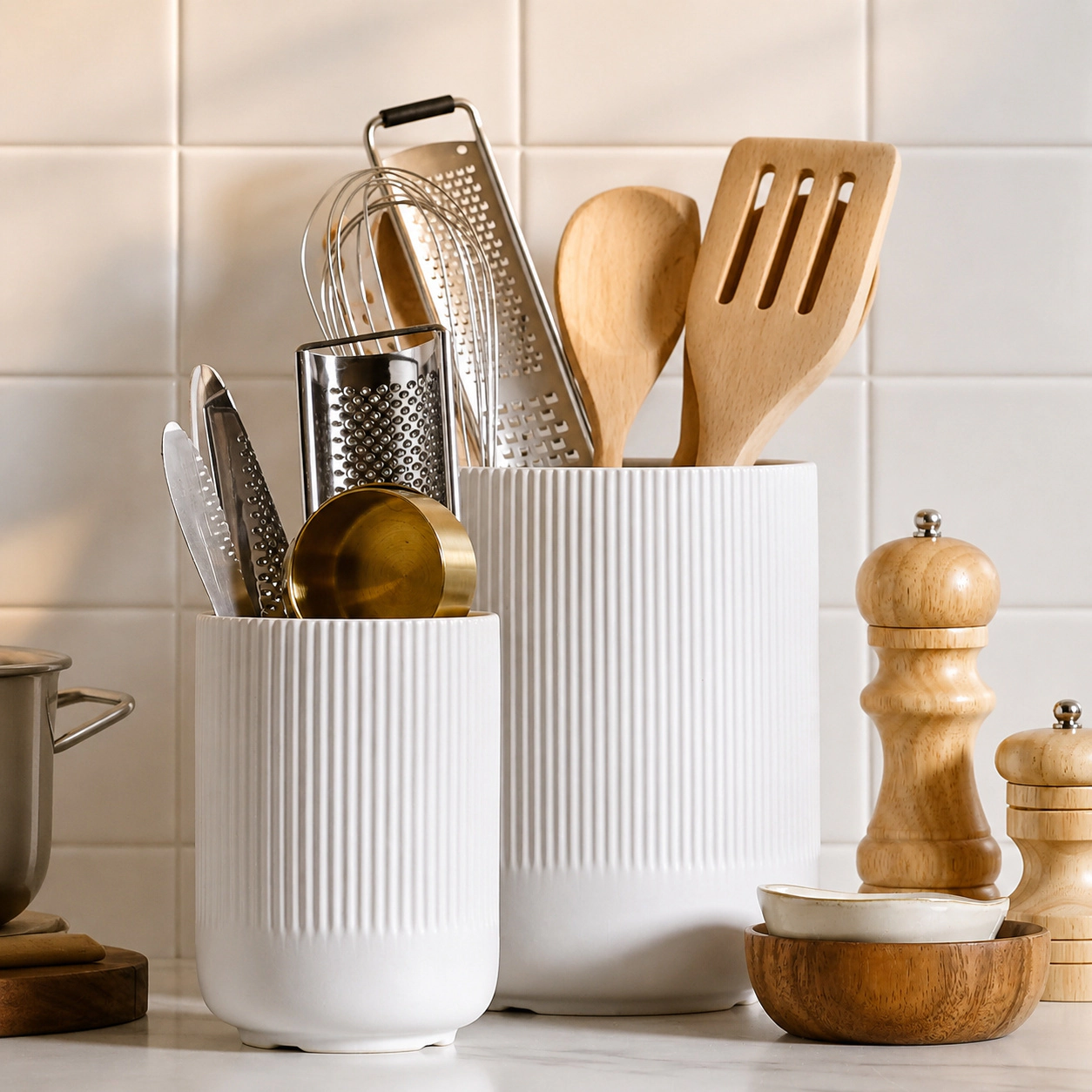WZK Set of 2 Fluted Ceramic Kitchen Utensil Holder
