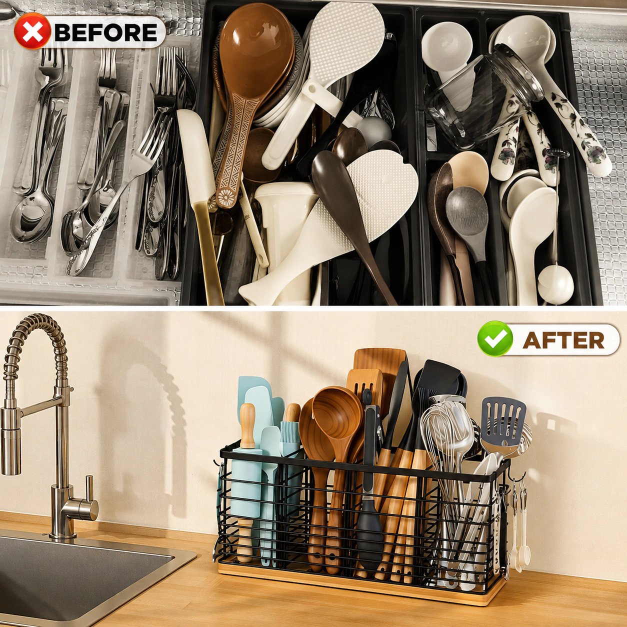 WZK Extra Large 40 Pcs Adjustable Compartment Wooden Base Kitchen Utensil Holder