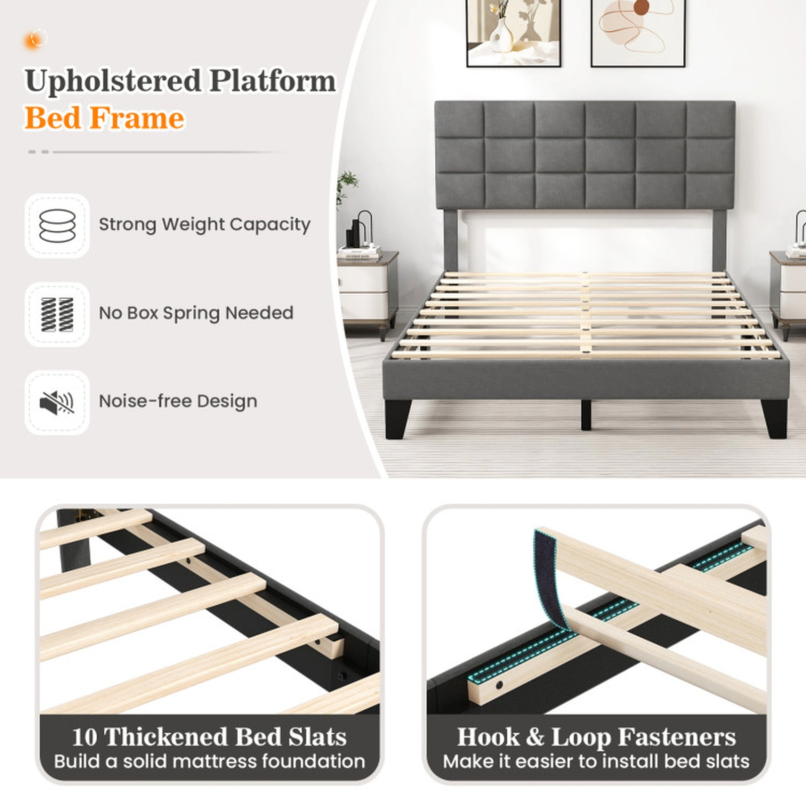 SUGIFT Gray Height Adjustable Quilted Headboard Linen Upholstered Bed Frame
