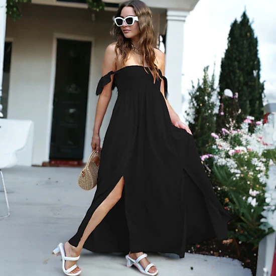Anna-Kaci Women's Flutter Sleeve Shirred Smocked Bodice Maxi Dress with Front Slits