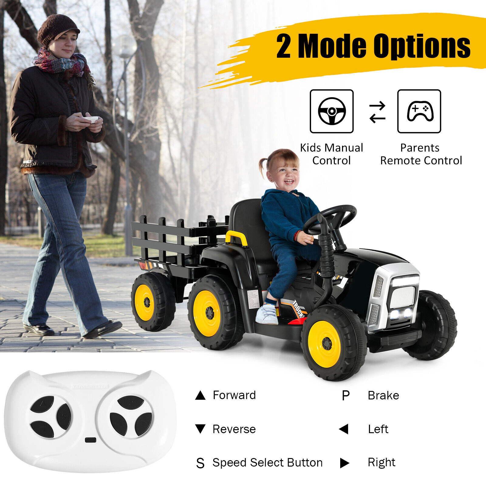 Glintex 12V Kids Ride-On Ground Loader with Short-Body Mode and Trailer