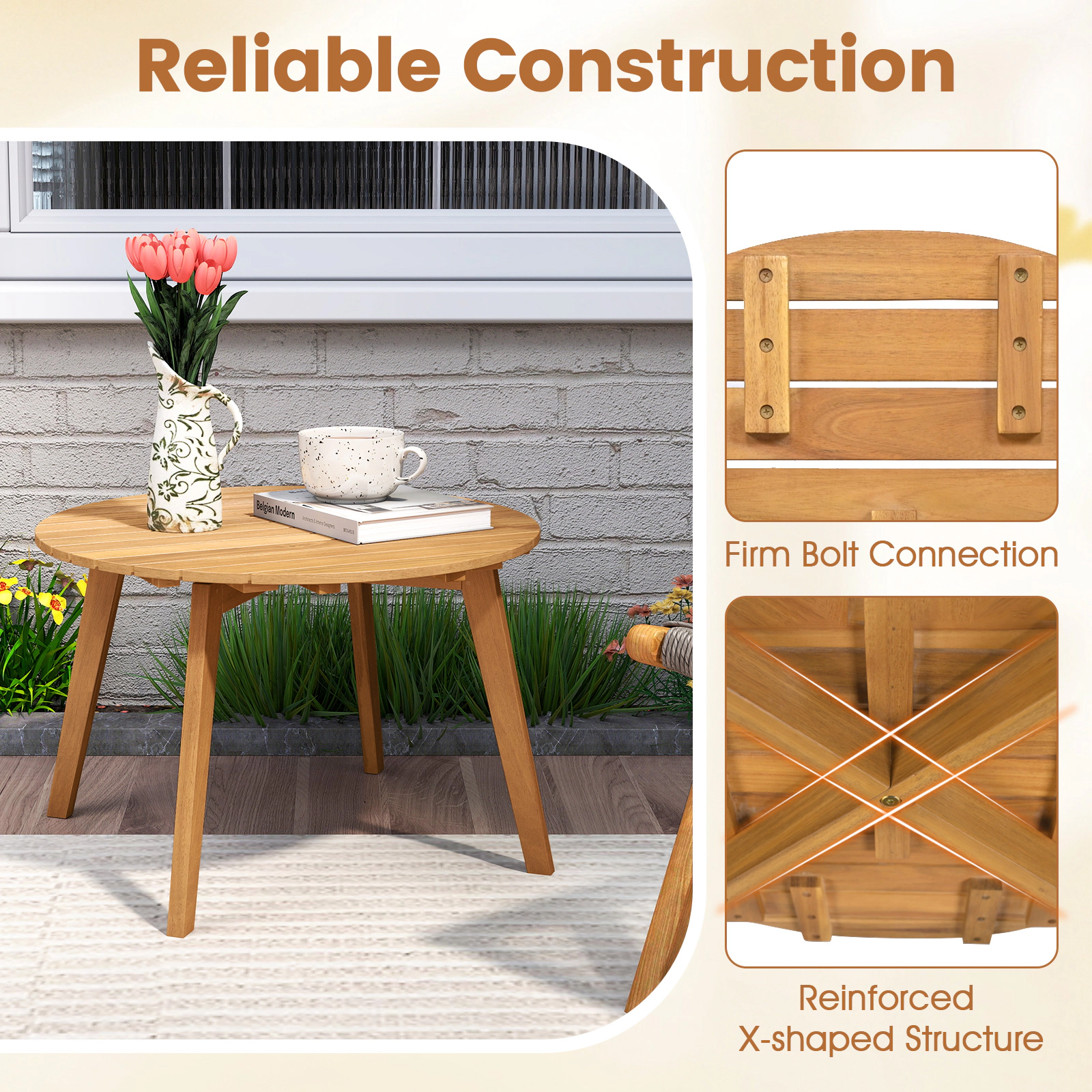 SUGIFT 24.5 in Slatted Tabletop Natural Round Outdoor Acacia Wood Side Table