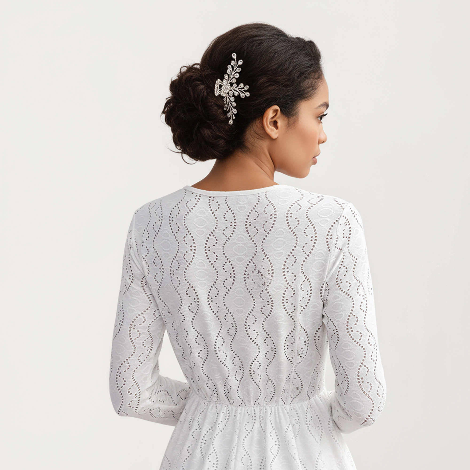 Anna-Kaci Women's Long Sleeve Lace V Neck Sheer Waist Detail Mini Dress