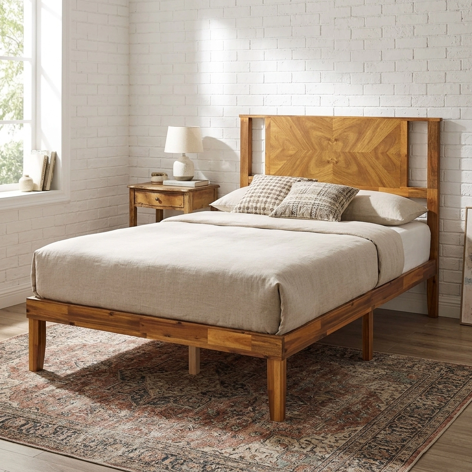 SUGIFT Twin Acacia Wood Platform Bed Frame with Mid-Century Headboard
