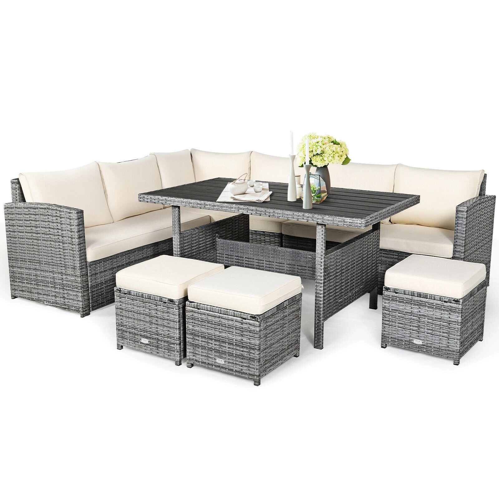 LJG 7 Pieces Patio Rattan Dining Furniture Sectional Sofa Set with Wicker Ottoman