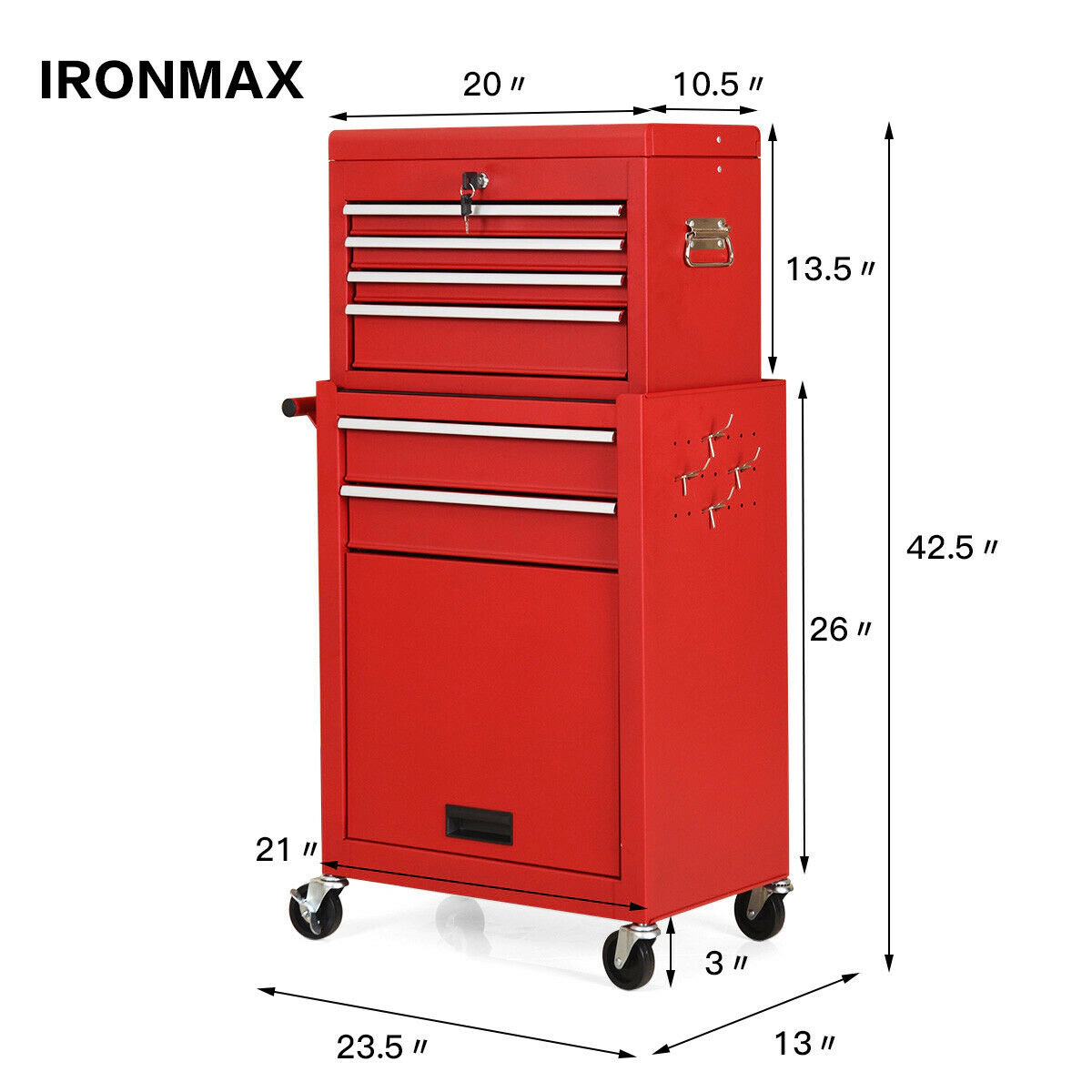 SUGIFT Rolling Tool Chest and Cabinet Combo with Lockable EVA-Lined Drawers 4 Hooks and Side Handle