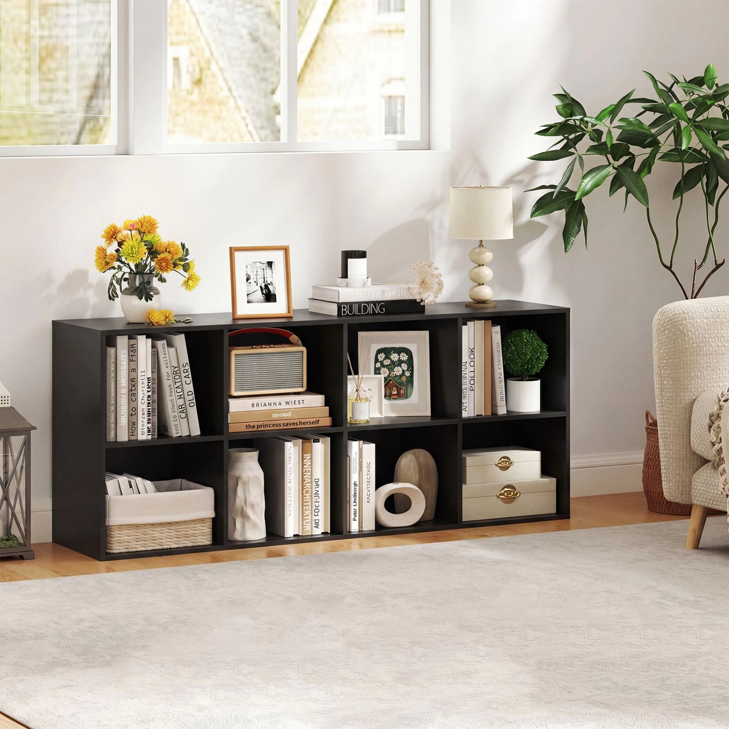 SlickBlue 8 Cube Bookcase with Storage Shelves and Wide Display Top
