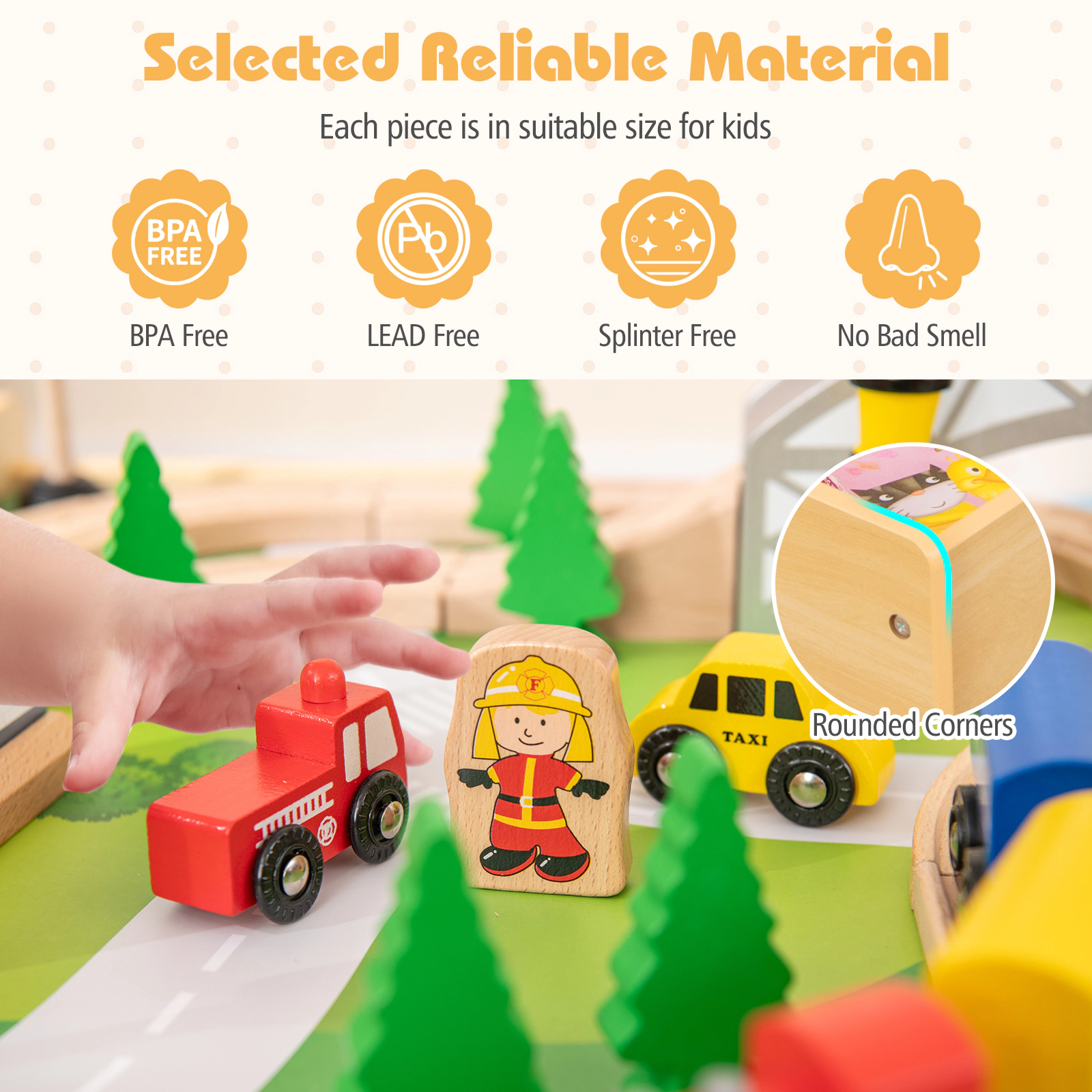 SUGIFT Wooden Train Table Activity Railway Playset Interactive Toy 55-lb Capacity Ages 18M+ Natural 31-in Top
