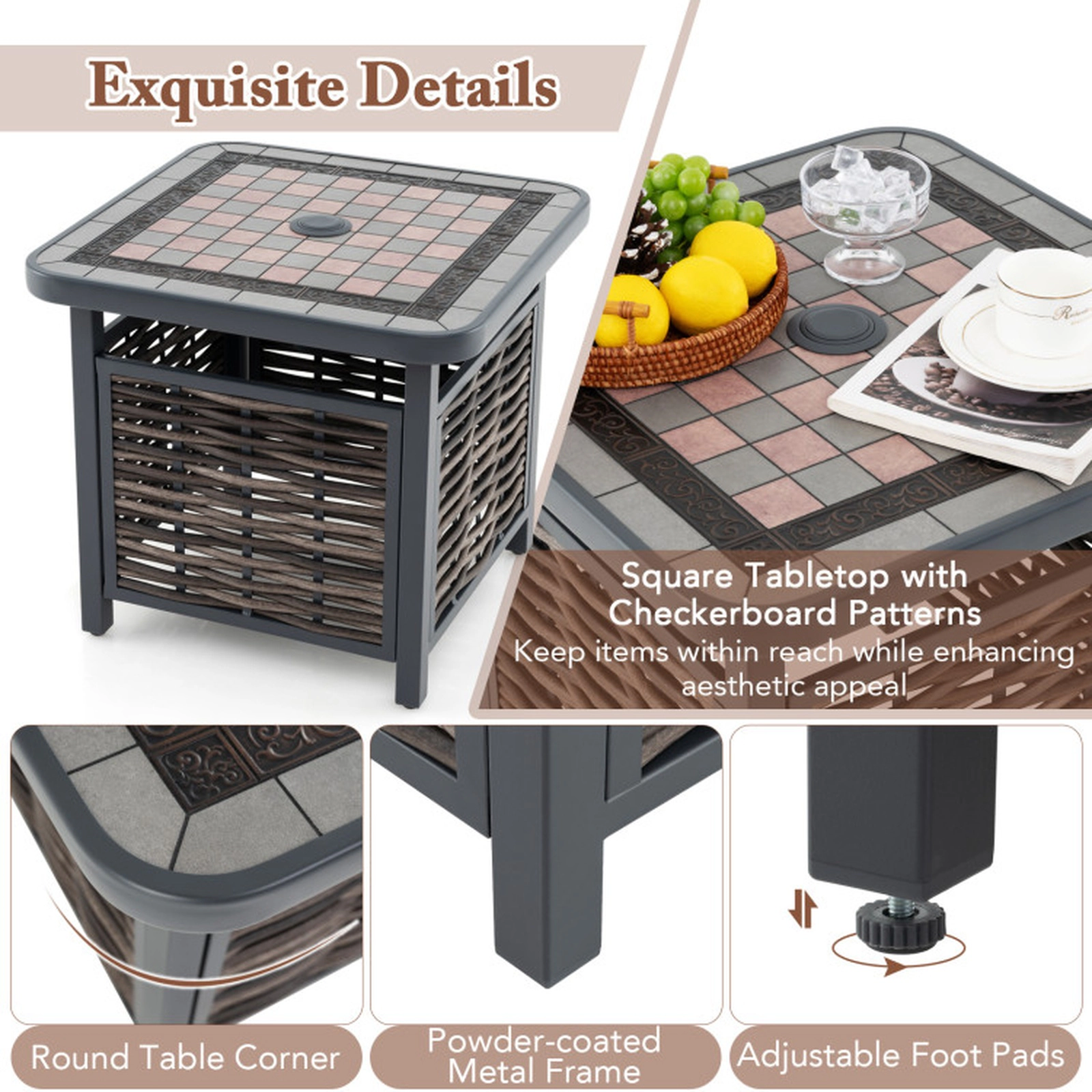 SUGIFT 21.5-in Square PE Rattan Resin Side Table End Table with 1.5-in Umbrella Hole 110-lb Capacity Black & Brown