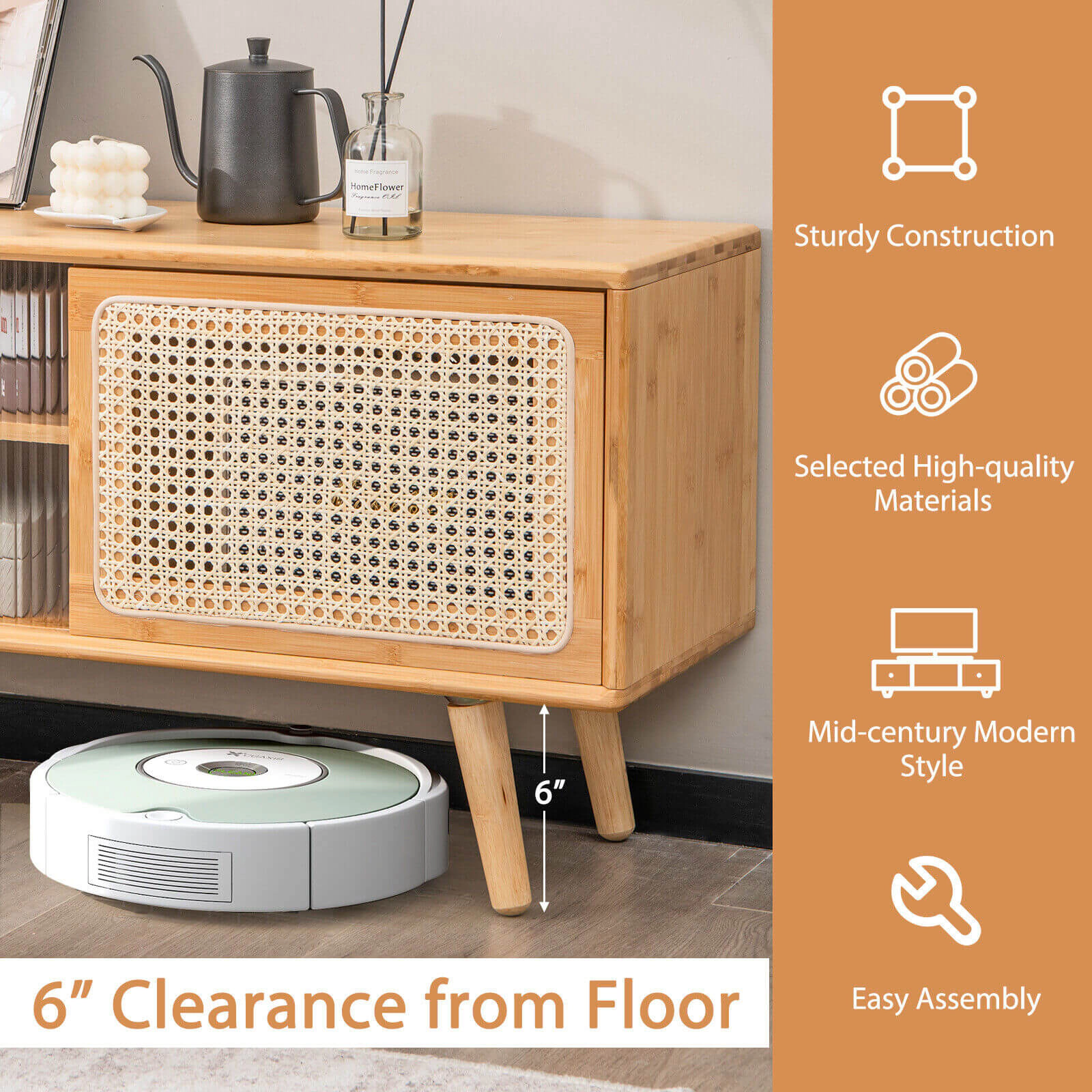 SUGIFT 47.5-In Natural Bamboo TV Stand with Rattan Glass Sliding Doors