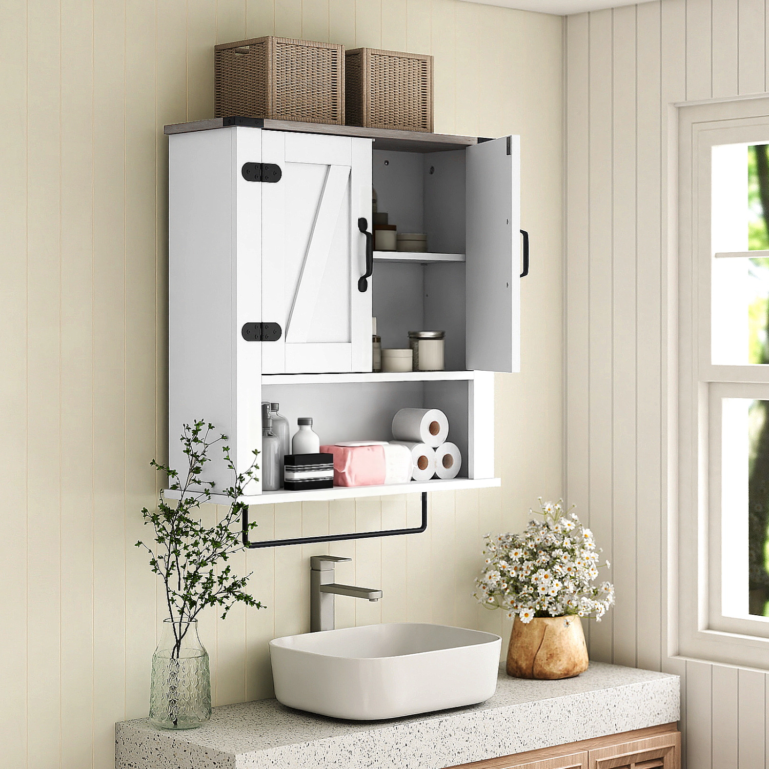 SlickBlue Wall Mounted Bathroom Cabinet with Towel Bar and Shelf
