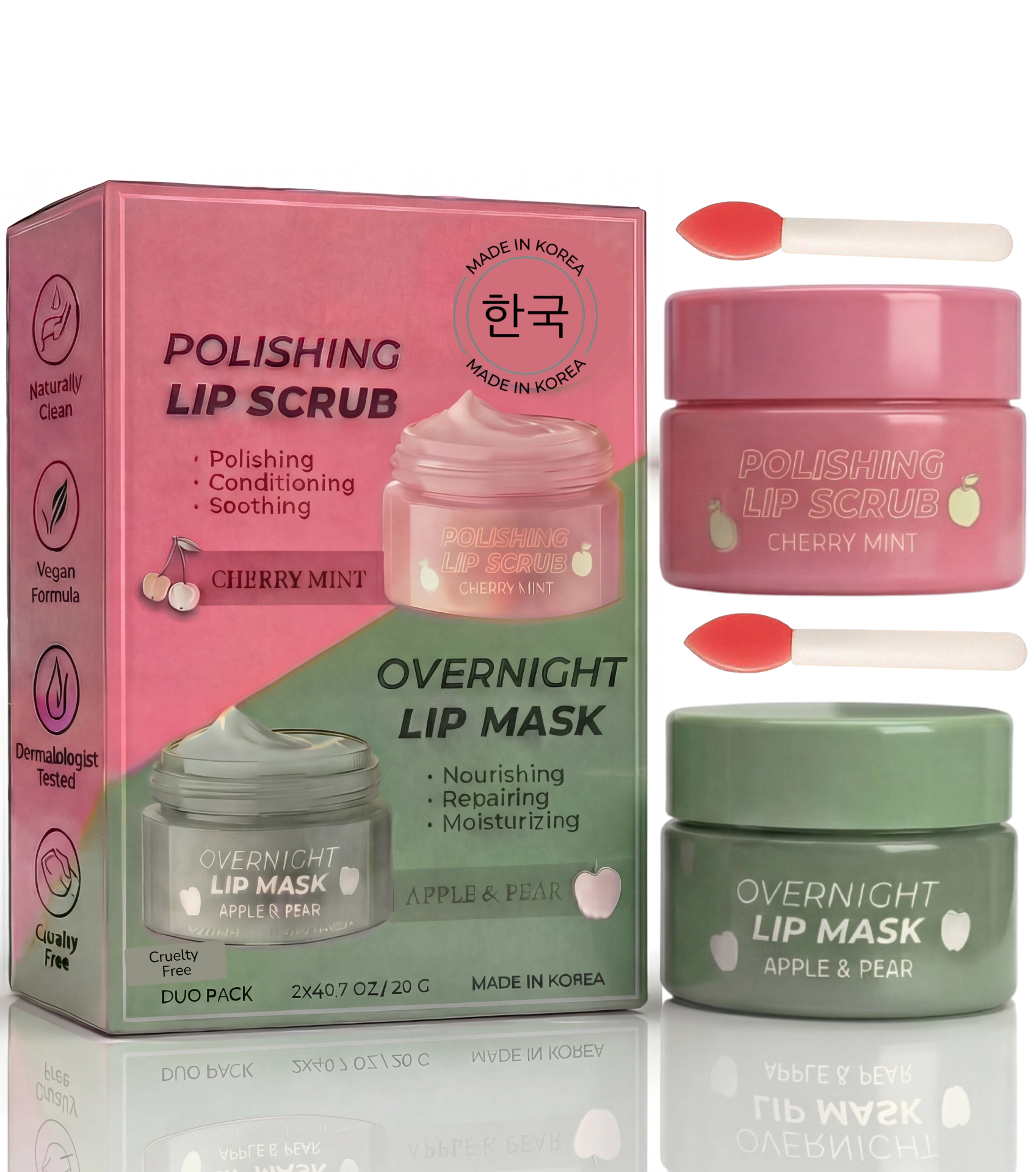 Lovery  Korean Skincare Lip Care Duo Set - Cherry Mint Exfoliating Lip Scrub & Apple and Pear Overnight Lip Mask