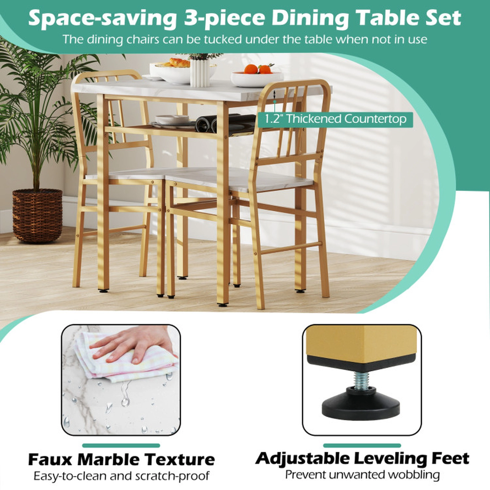SUGIFT 3-Piece Rectangular Dining Table Set with Storage Shelf and 2 Chairs 200/330-lb Capacity White + Gold