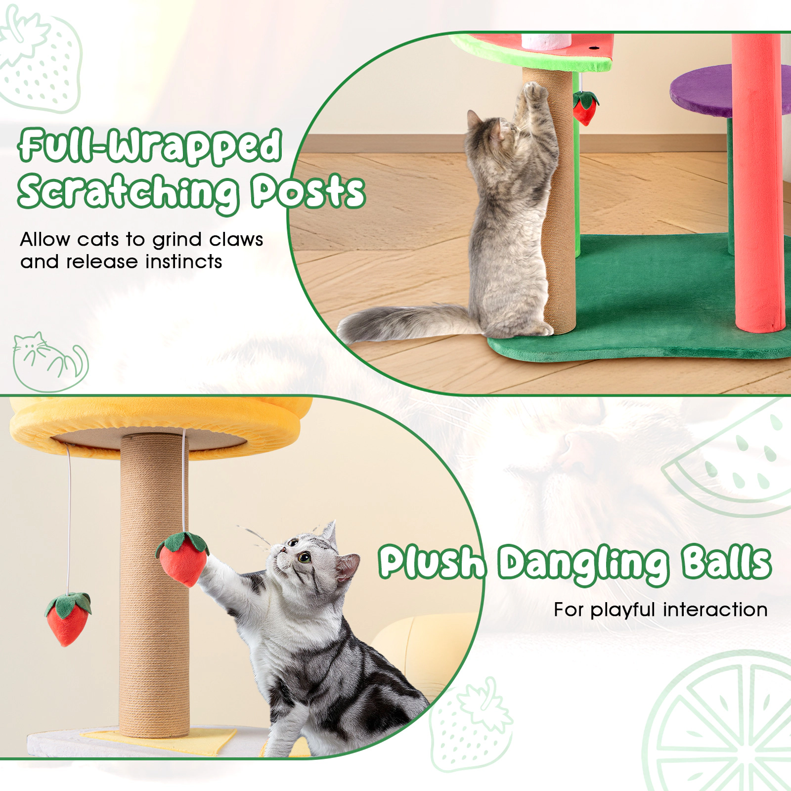 Glintex 45-Inch Fruit-Themed Cat Tree with Crown-Shaped Padded Top Perch, Multicolor