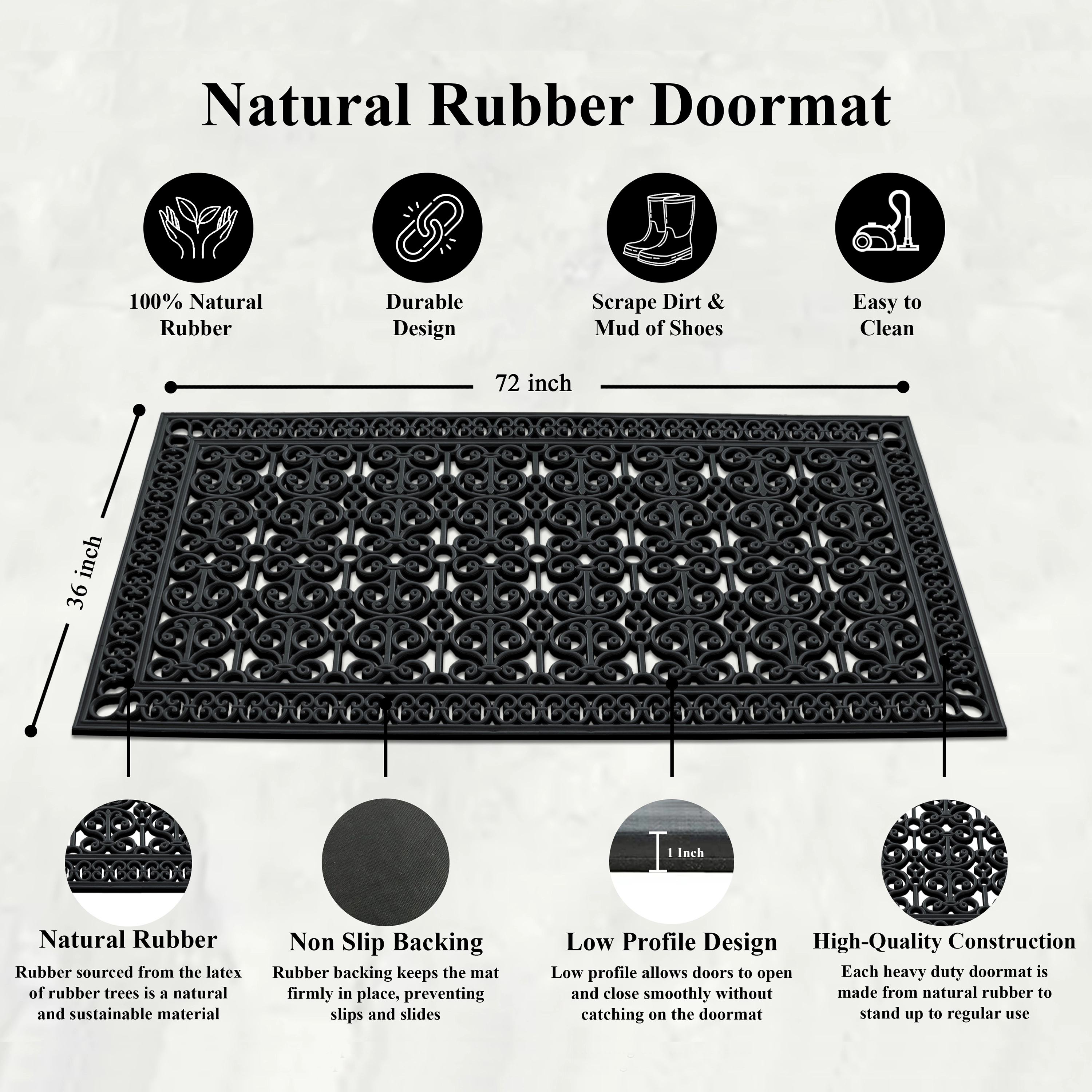 A1 Home Collection 34 lb Heavy Duty Rubber Doormat Non-Slip Outdoor Dirt Scraper Mat, Black Estate, 36 x 72 Inches