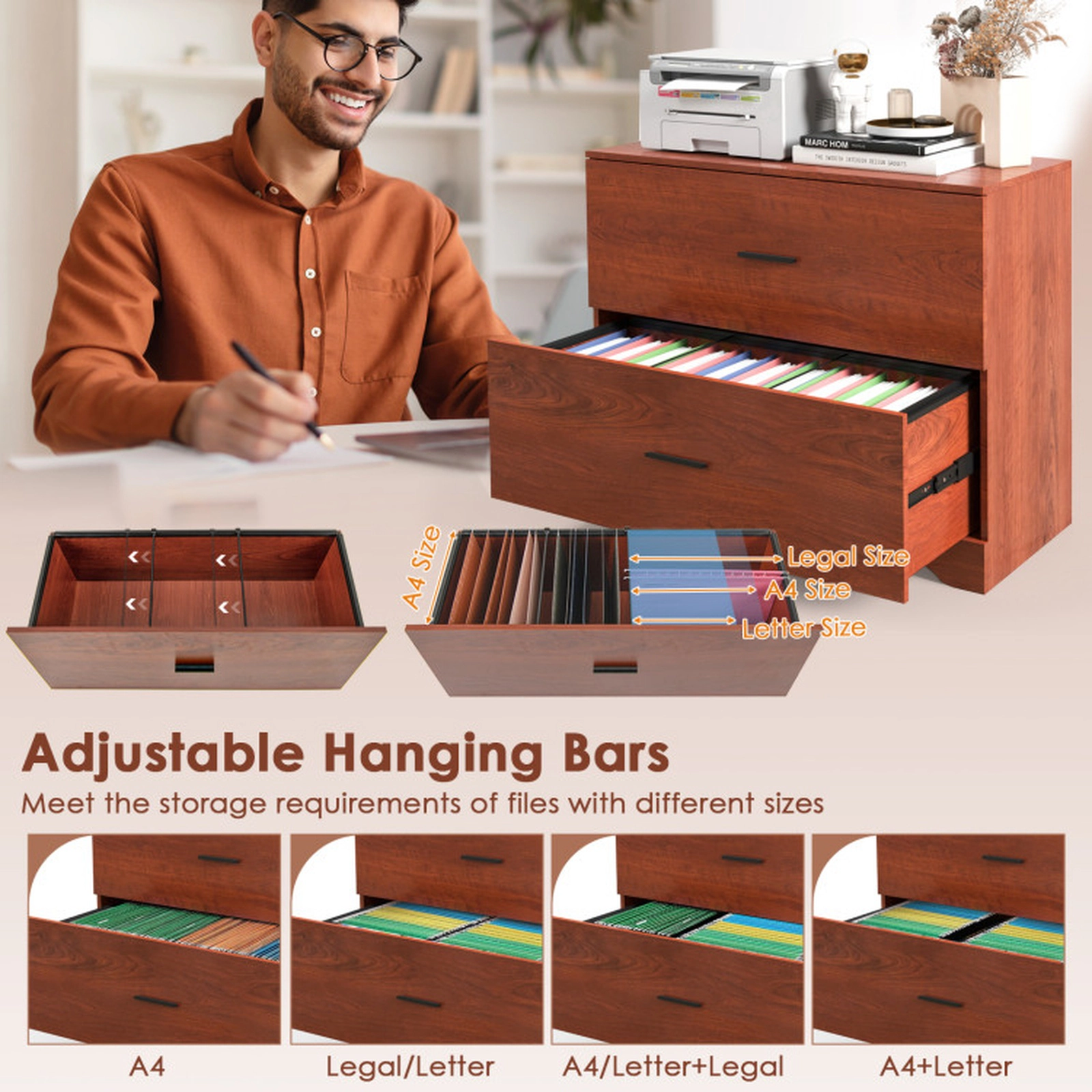 SUGIFT 2-Drawer Lateral Adjustable Steel Bars File Cabinet 35.5-in x 16-in x 30-in 220-lb Capacity Walnut