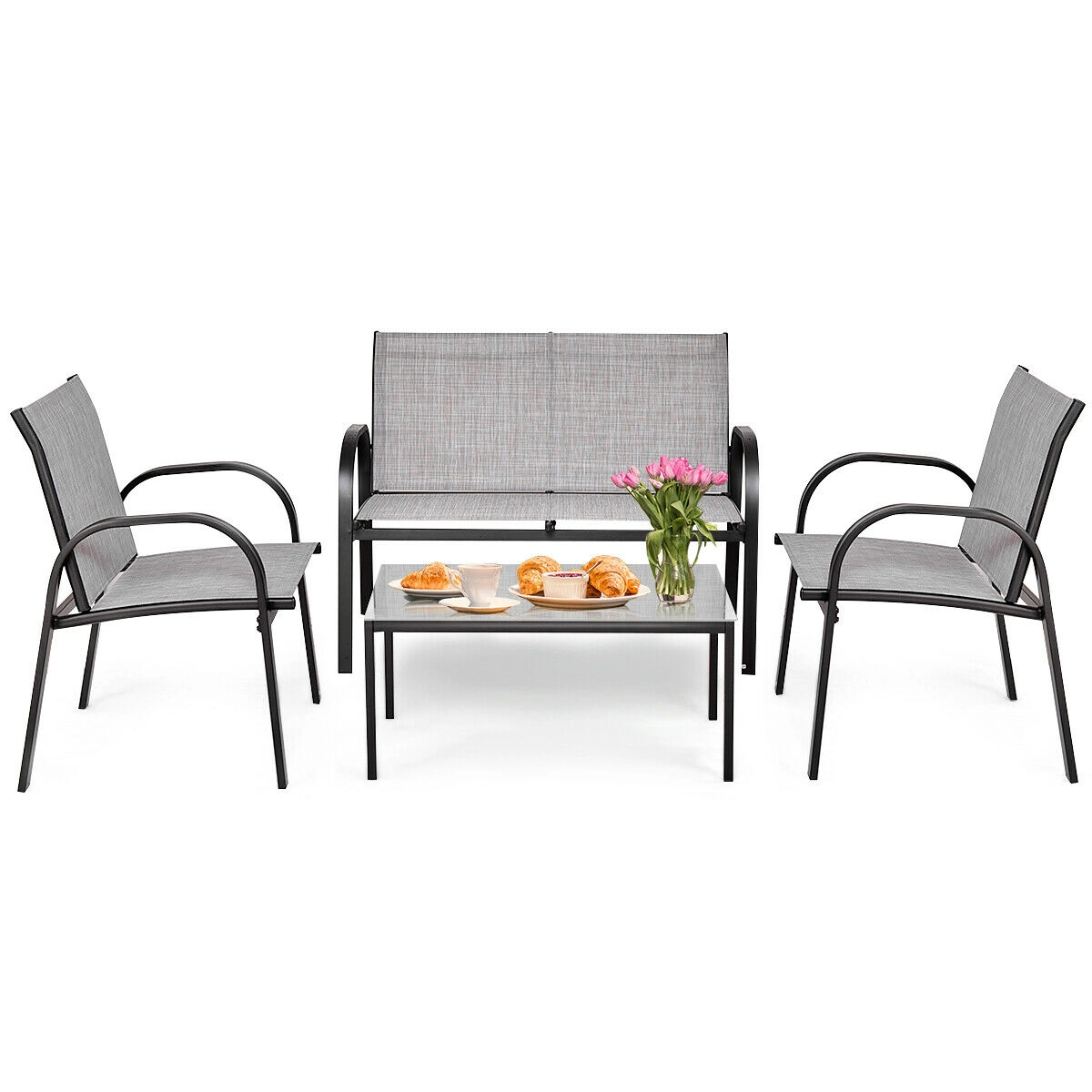 SUGIFT Gray Loveseat 2 Sofas and Glass Top Coffee Table 4-Piece Patio Furniture Set